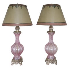 Pair of Italian Pink Murano Glass Lamps with Parchment Shades