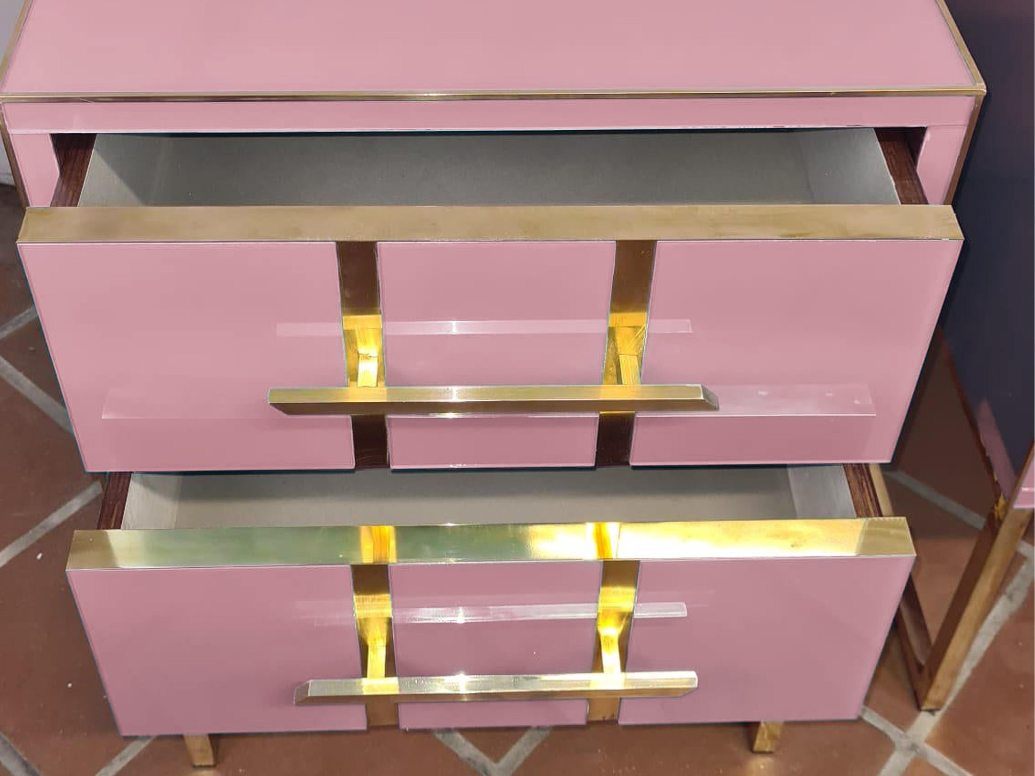 Hand-Carved Pair of Italian Pink Murano Glass Nightstand with Brass & Gray Velvet Available For Sale