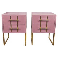 Pair of Italian Pink Murano Glass Nightstand with Brass & Gray Velvet Available