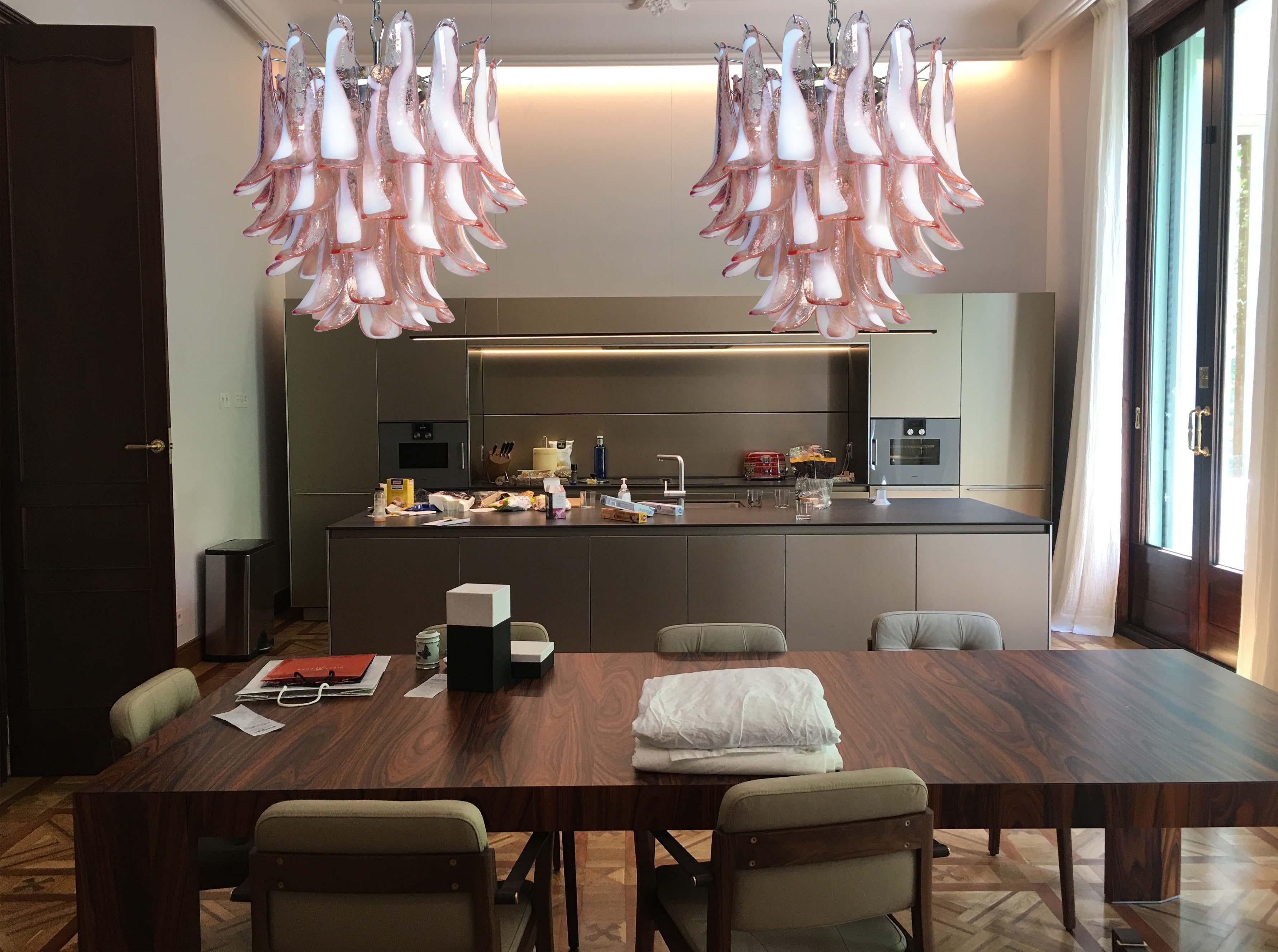 Pair of Italian Pink Petal Chandeliers, Murano 11