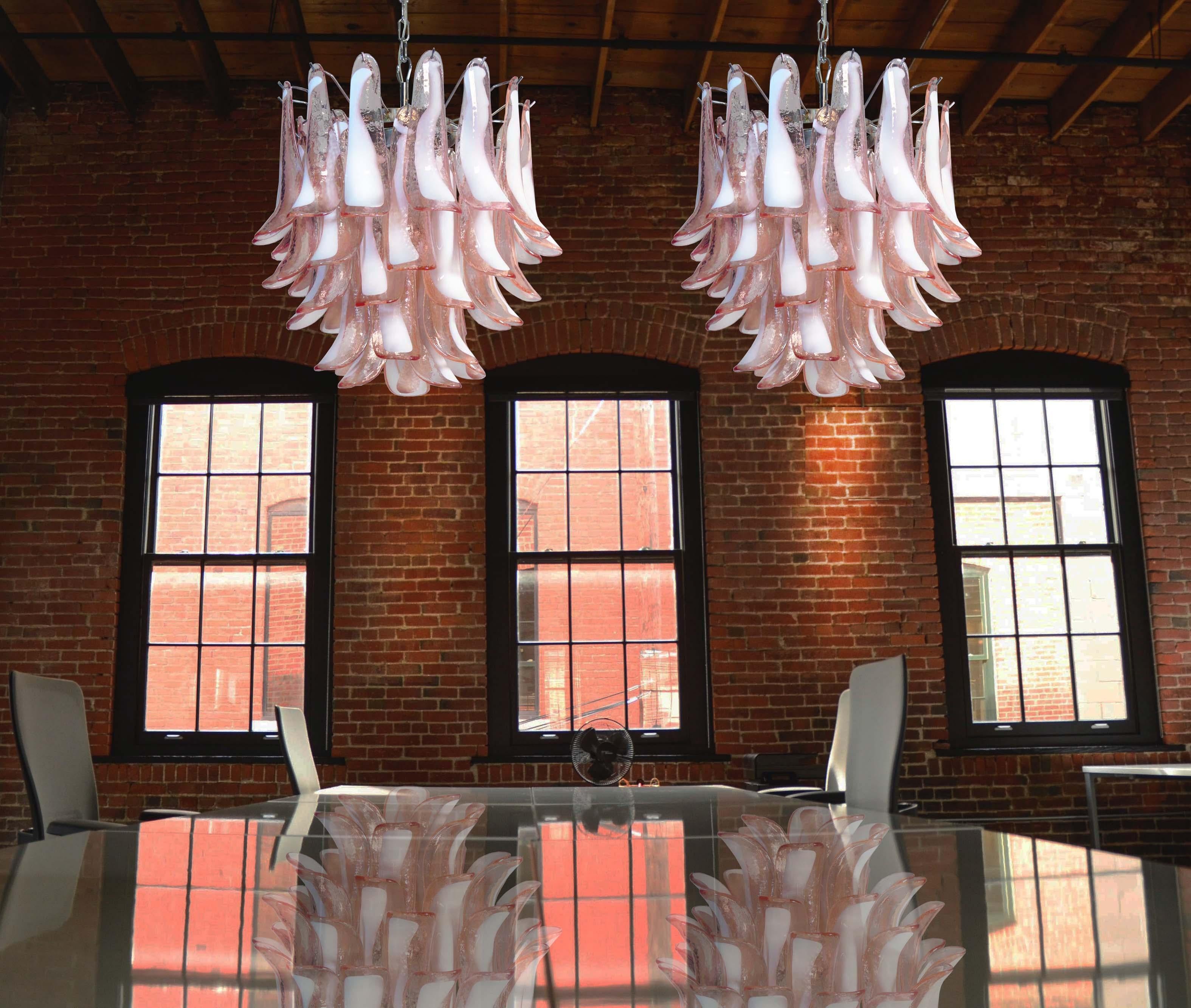 1970s Murano Italian glass chandelier. Fantastic chandelier with pink and white “lattimo” glasses, nickel-plated metal frame. It has 41 big monumental petals glass. The glasses are very high quality, the photos do not do the beauty, luster of these
