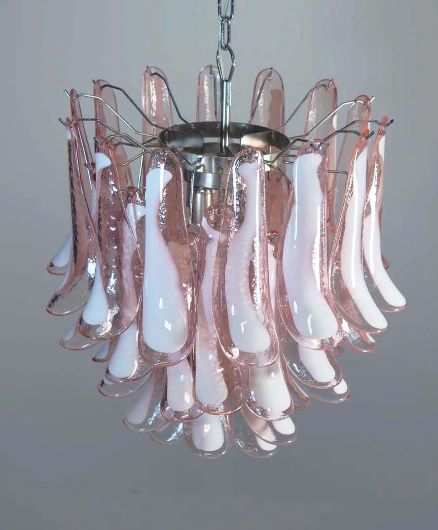 Metal Pair of Italian Pink Petal Chandeliers, Murano