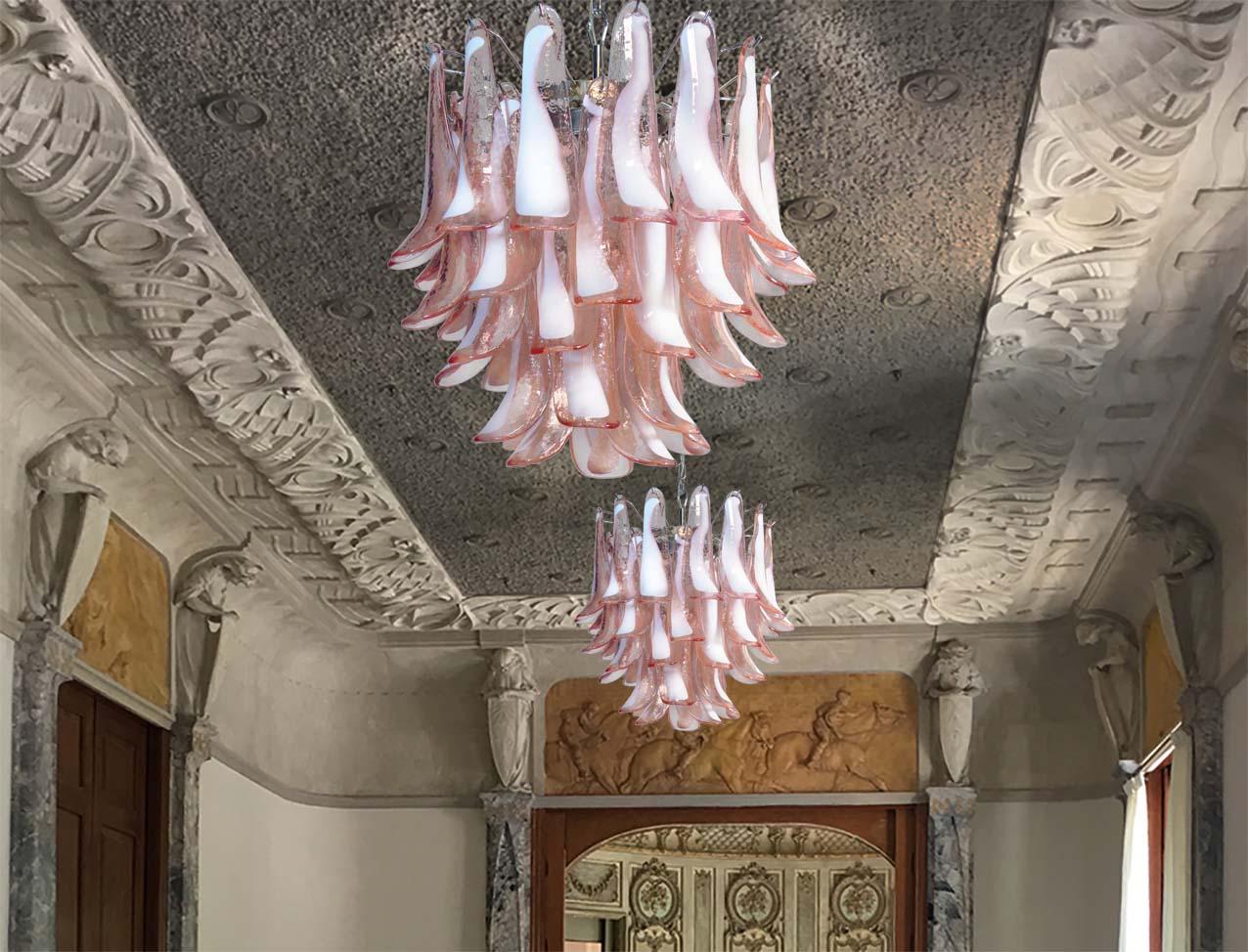 Pair of Italian Pink Petal Chandeliers, Murano 2