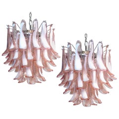 Vintage Pair of Italian Pink Petal Chandeliers, Murano