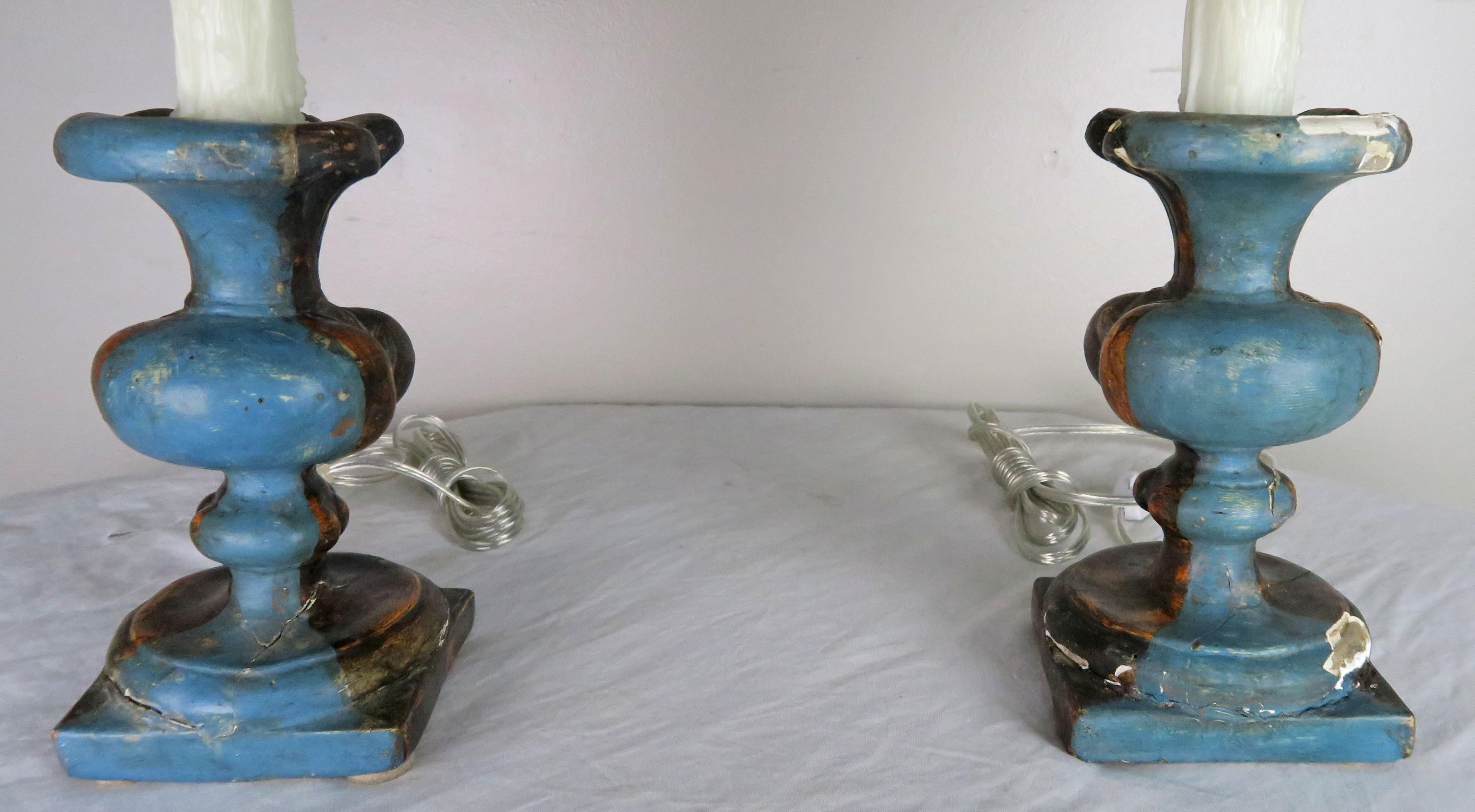 Wood Pair of Italian Polychrome Lamps with Parchment Shades