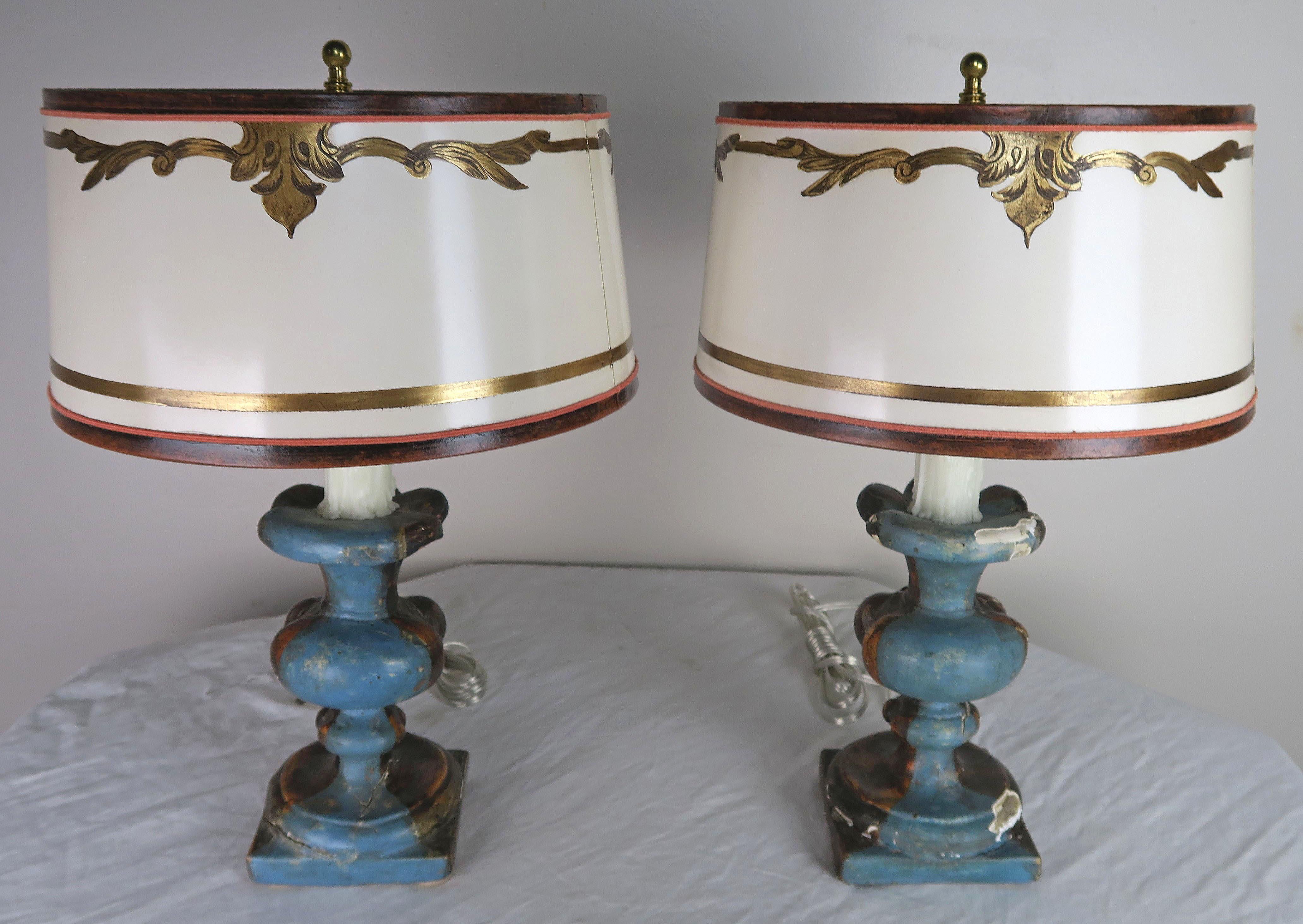Pair of Italian Polychrome Lamps with Parchment Shades 1