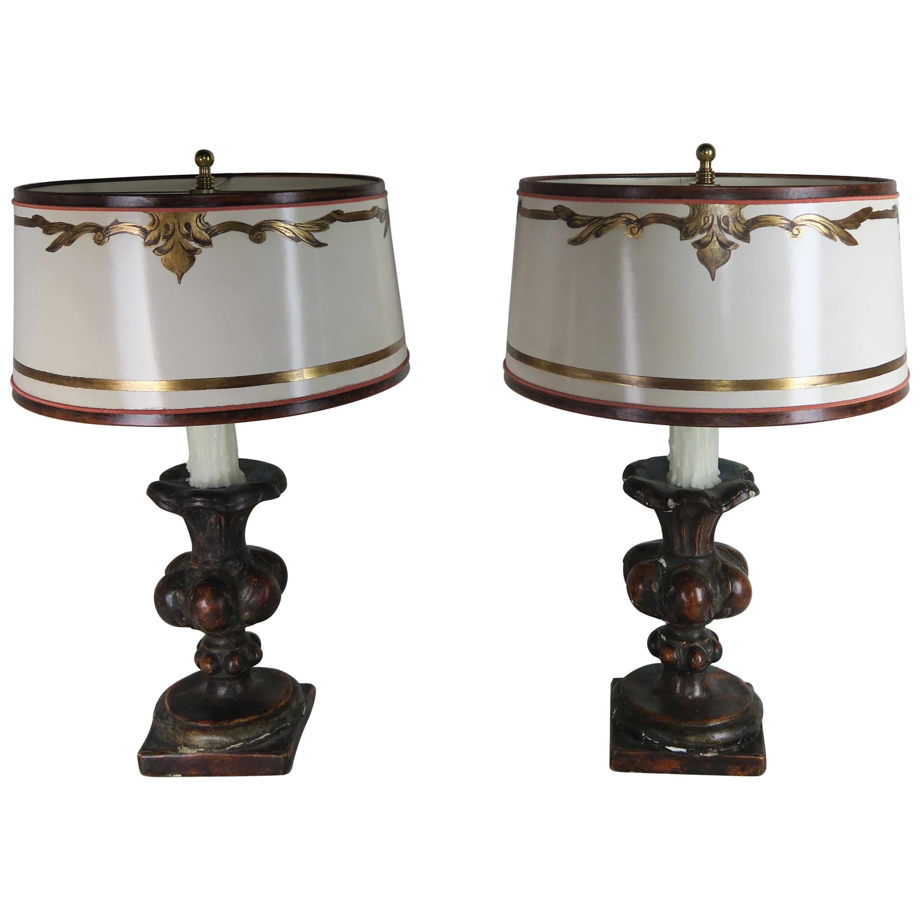 Pair of Italian Polychrome Lamps with Parchment Shades