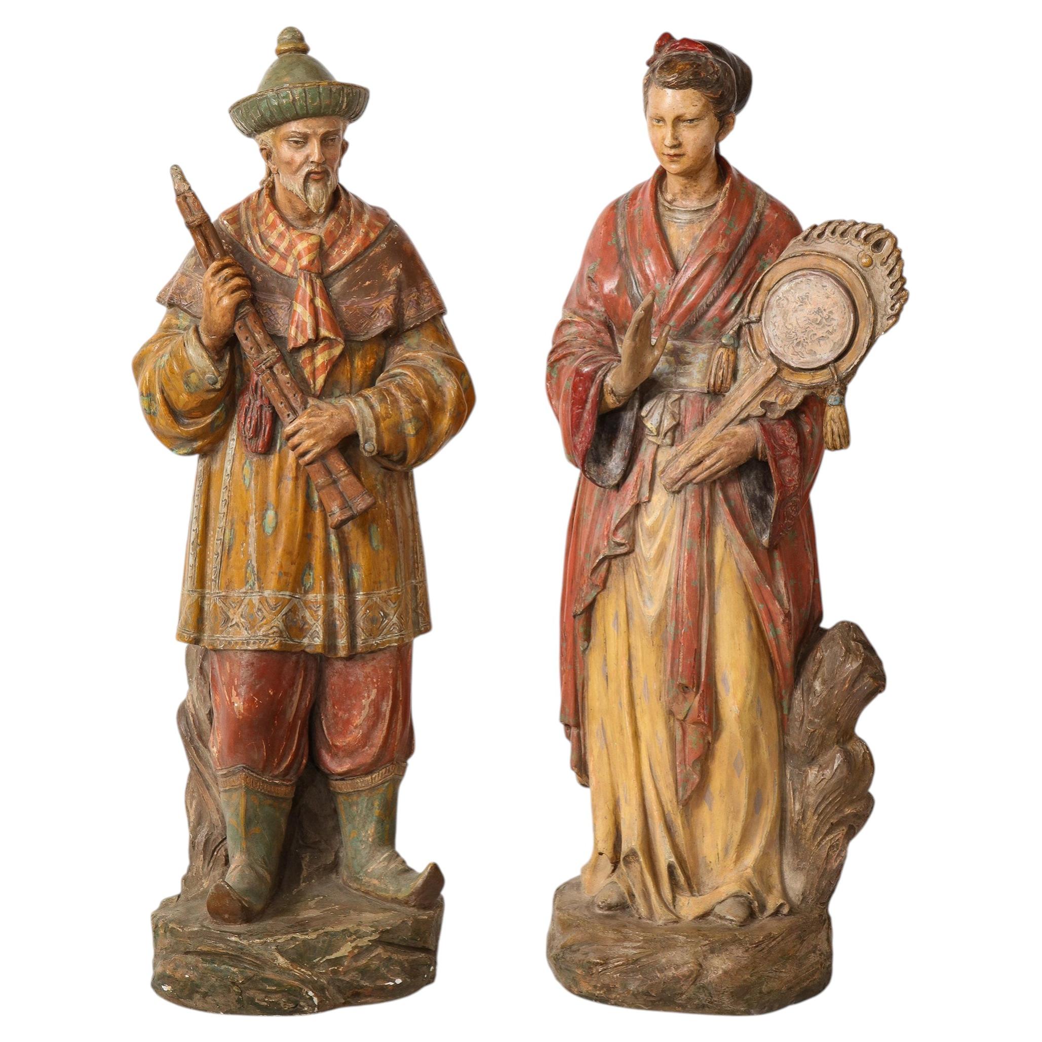 Pair of Italian Polychrome Terracotta Chinoiserie Figures of Musicians For Sale