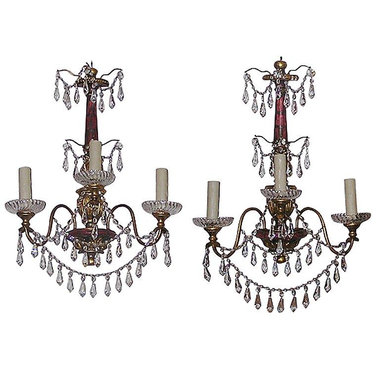 Pair of Italian Polychromed and Crystal Sconces For Sale