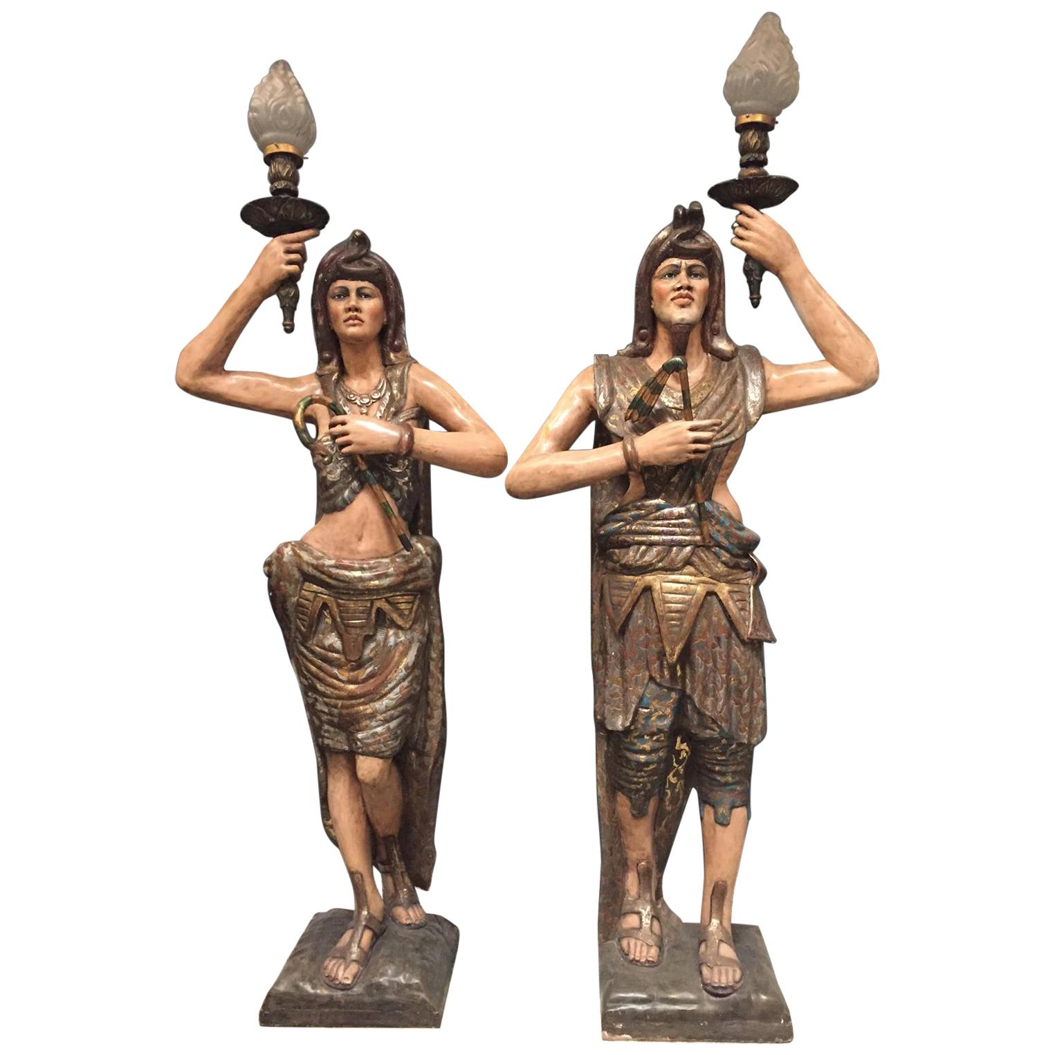 Pair of Italian Polychromed and Painted Egyptian style figural torcheres