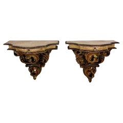 Pair of Italian Polychromed Wall Pedestals with Marble Tops, Mid-20th Century