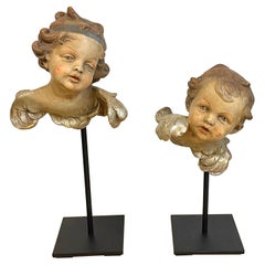 Pair of Italian Polycromed & Gilt Terracotta Angel Heads, Museum Mounted