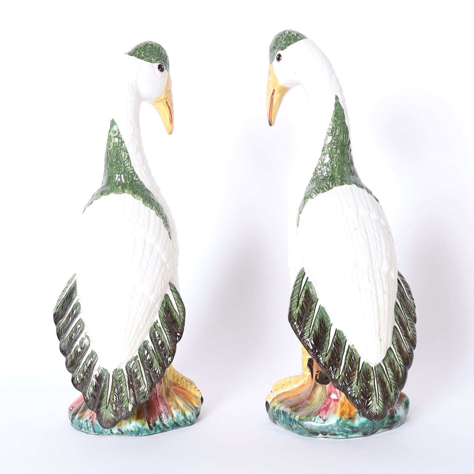 Glazed Pair of Italian Porcelain Birds Signed Meiselman For Sale