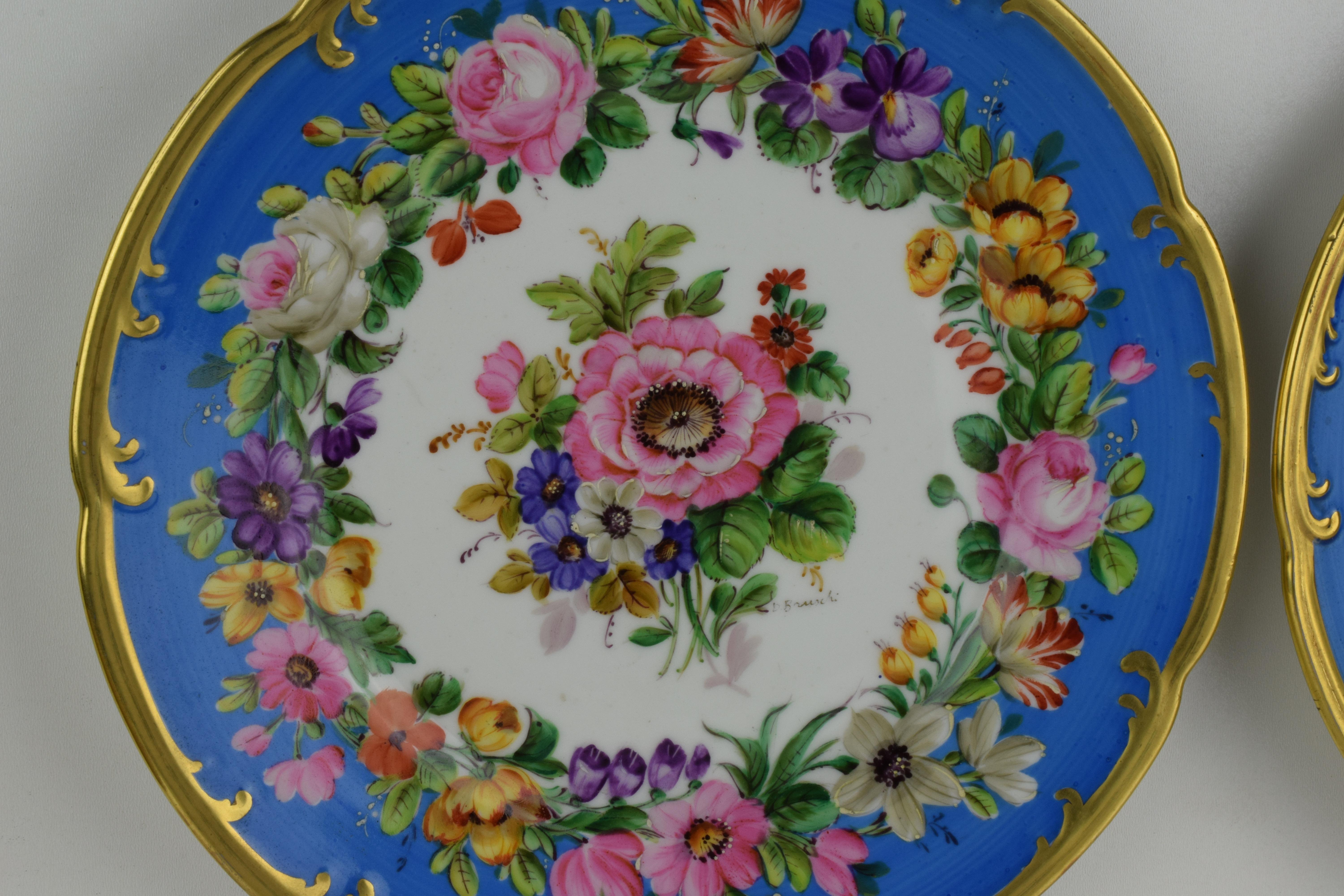 Hand-Painted Pair of Italian Porcelain Plates with Flowers on a White and Blue Background For Sale