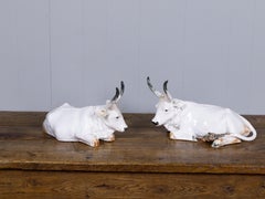 Pair of Italian Porcelain Recumbent Oxen Sculptures, circa 1920-1940