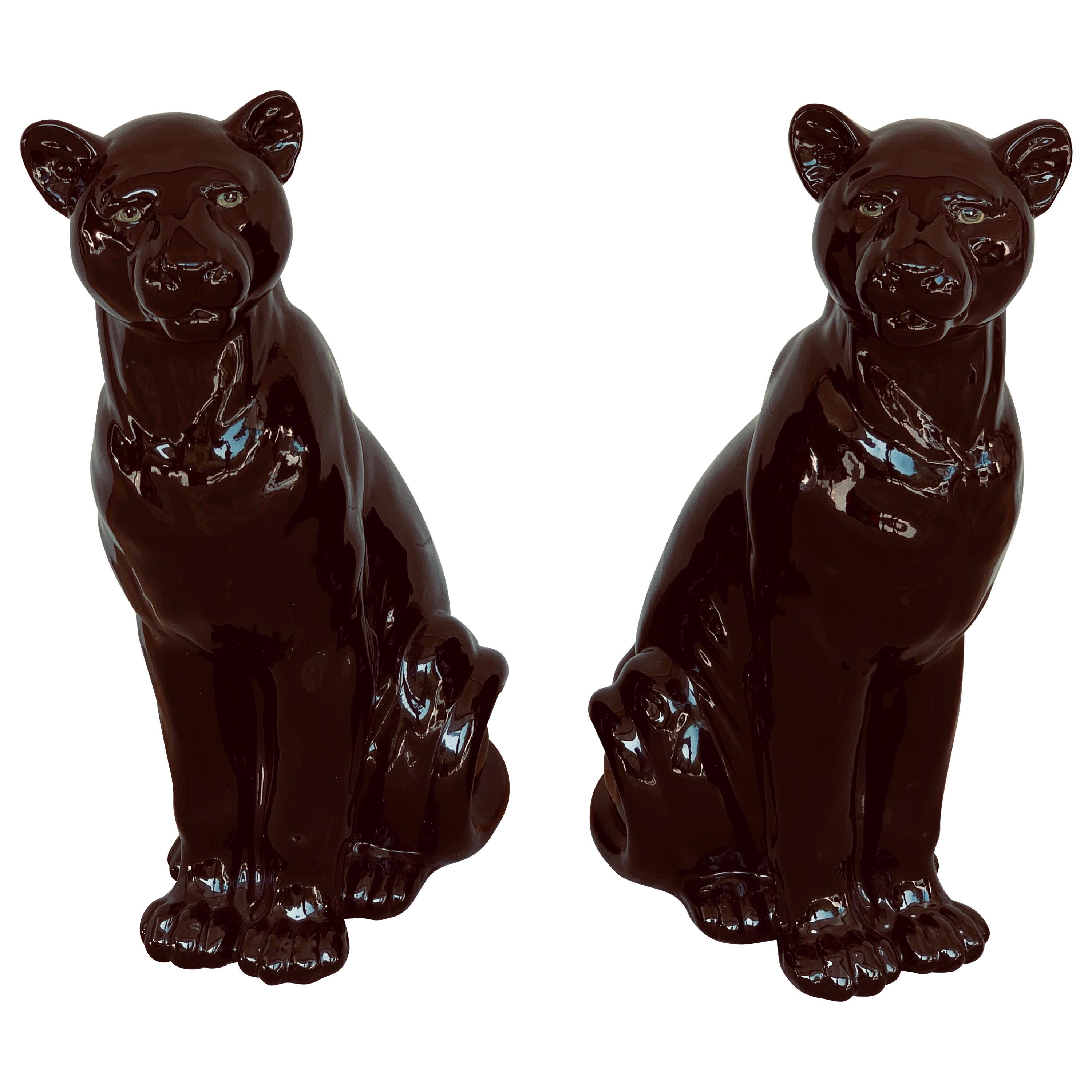 Pair of Italian Porcelain Seated Black Panthers For Sale