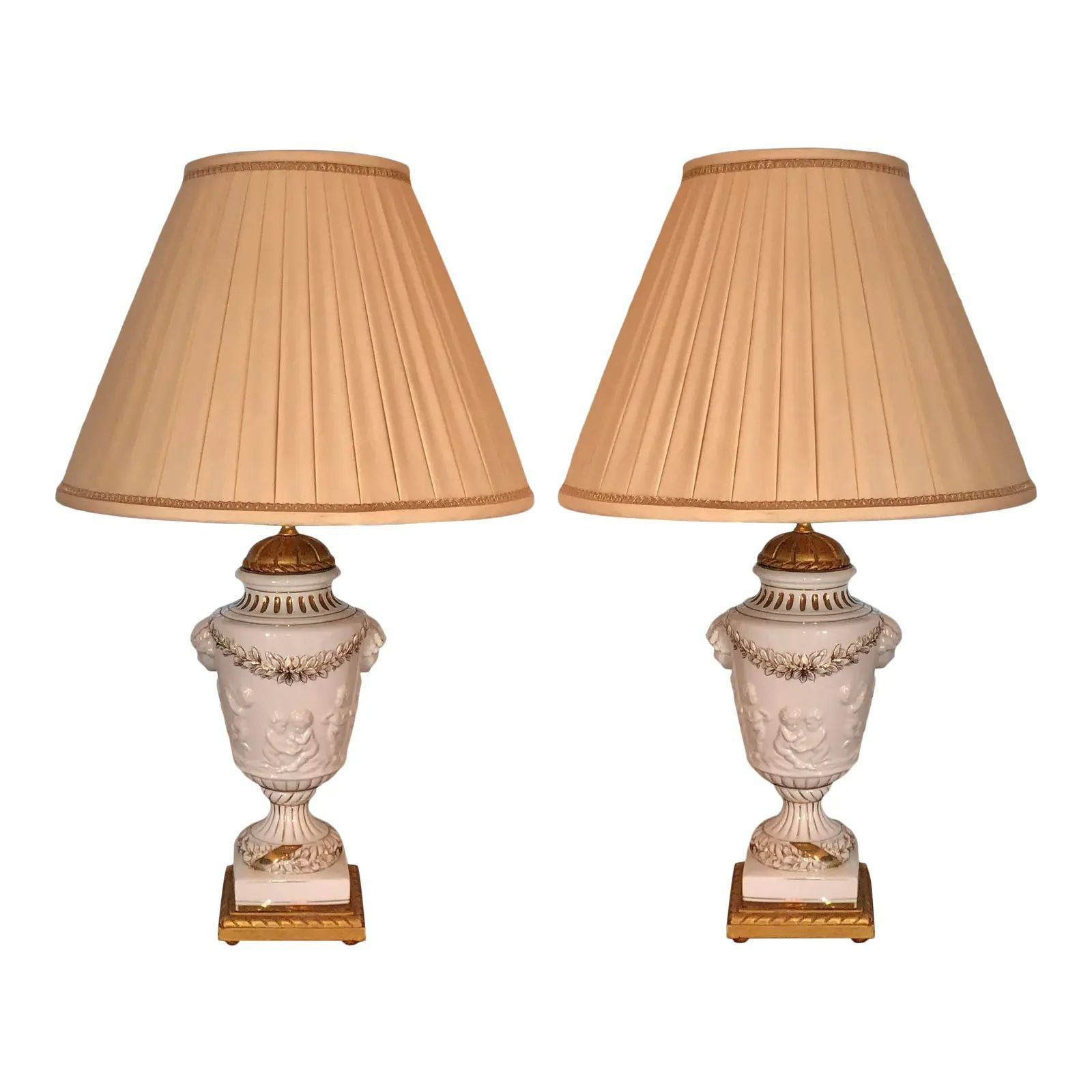 Pair of Italian Porcelain Urn Form Designer Cherub Lamps For Sale