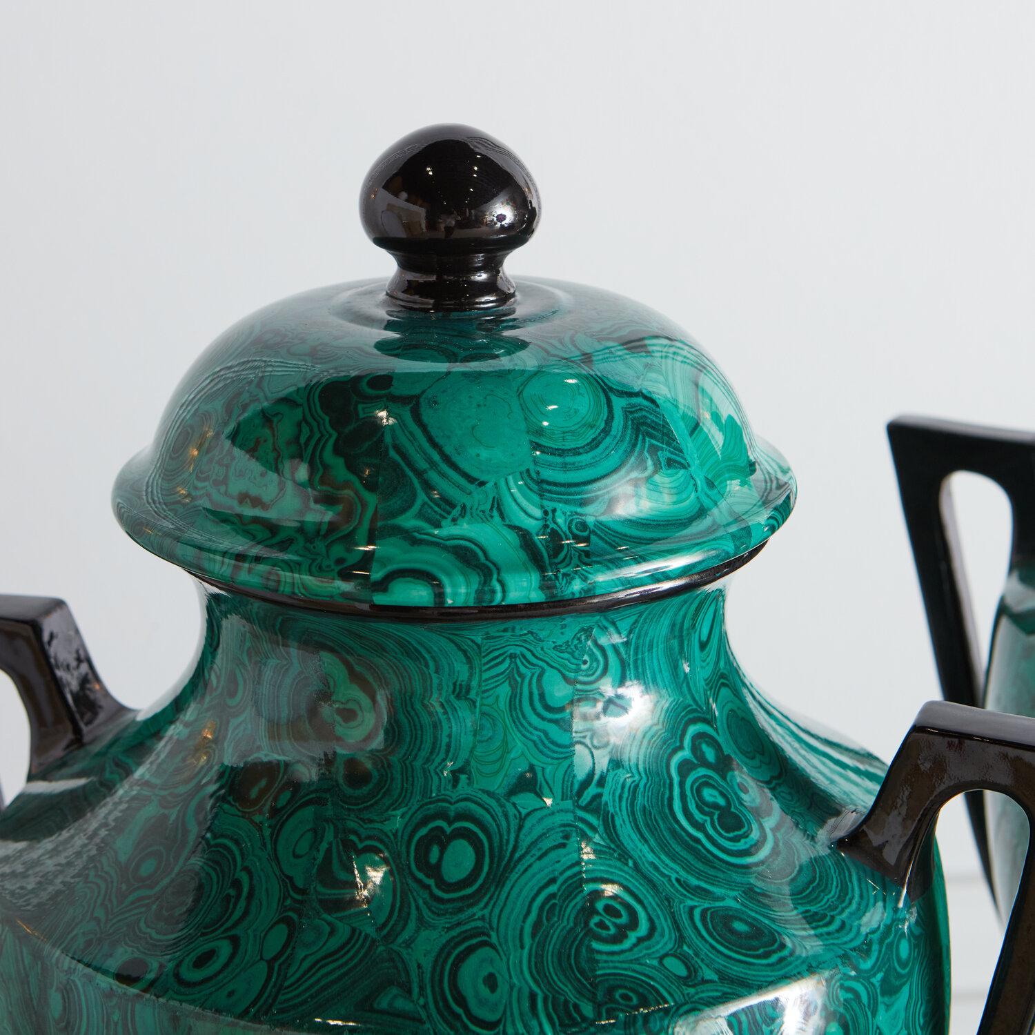 Pair of Italian Porcelain Urns in Faux Malachite 2