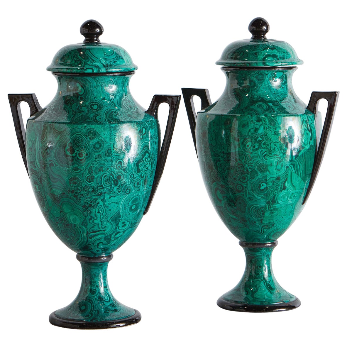 Pair of Italian Porcelain Urns in Faux Malachite