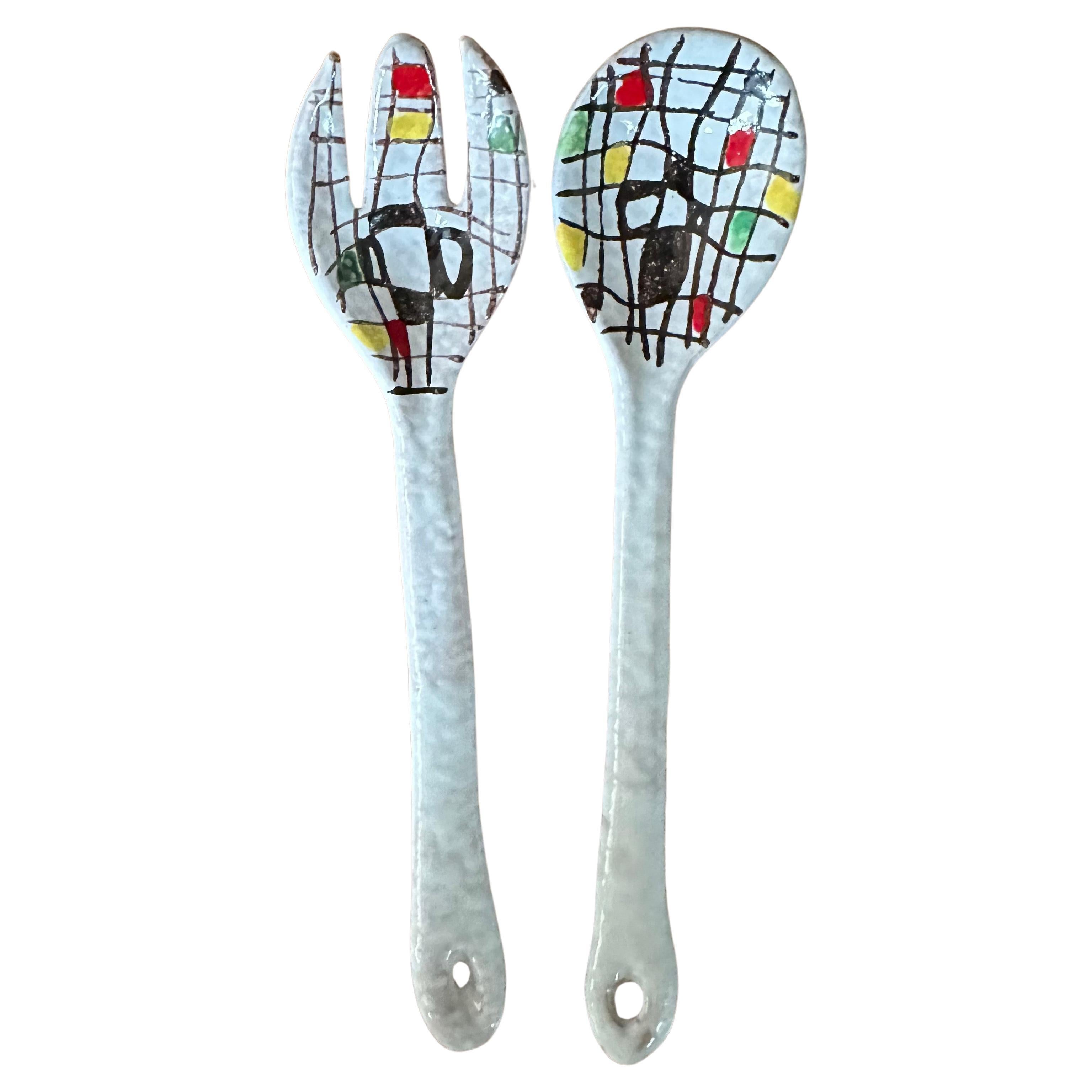 Glazed Pair of Italian Post-Modern Ceramic Salad Servers For Sale