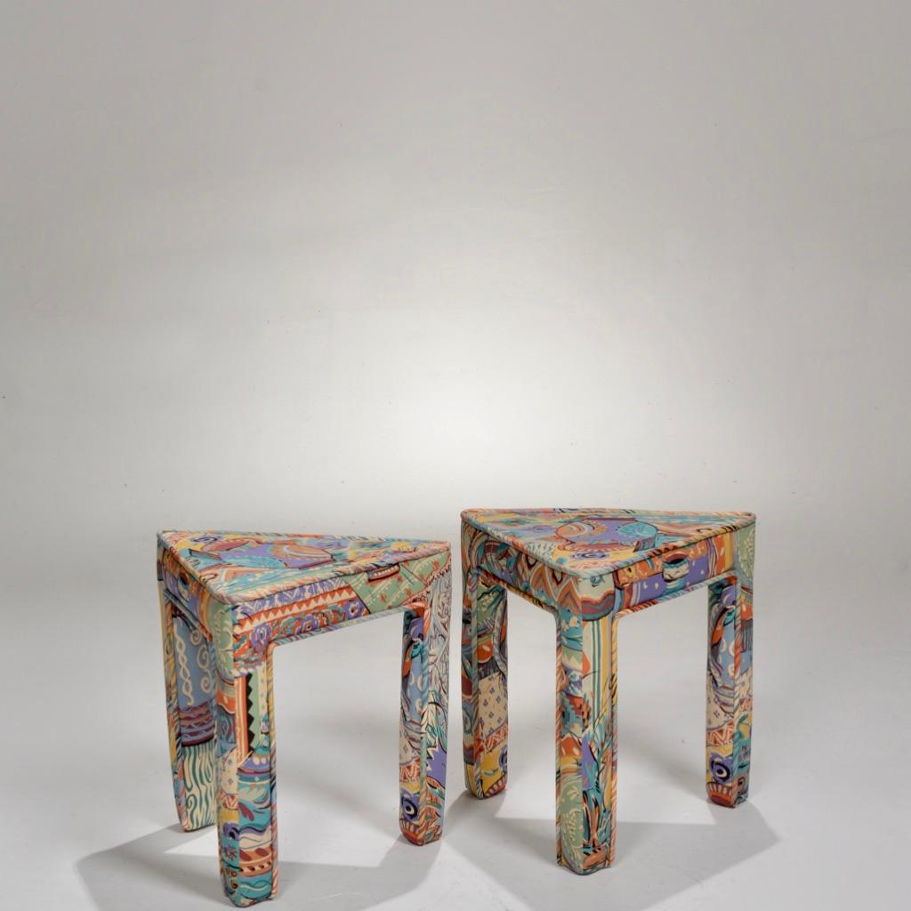 Post-Modern Pair of Italian Postmodern Triangular Upholstered Stools or End Tables