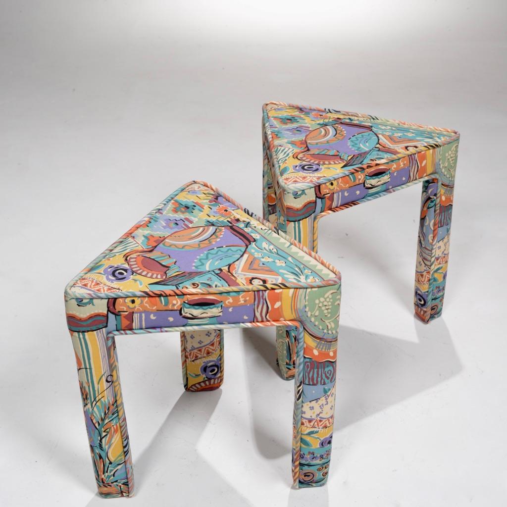 Fabric Pair of Italian Postmodern Triangular Upholstered Stools or End Tables