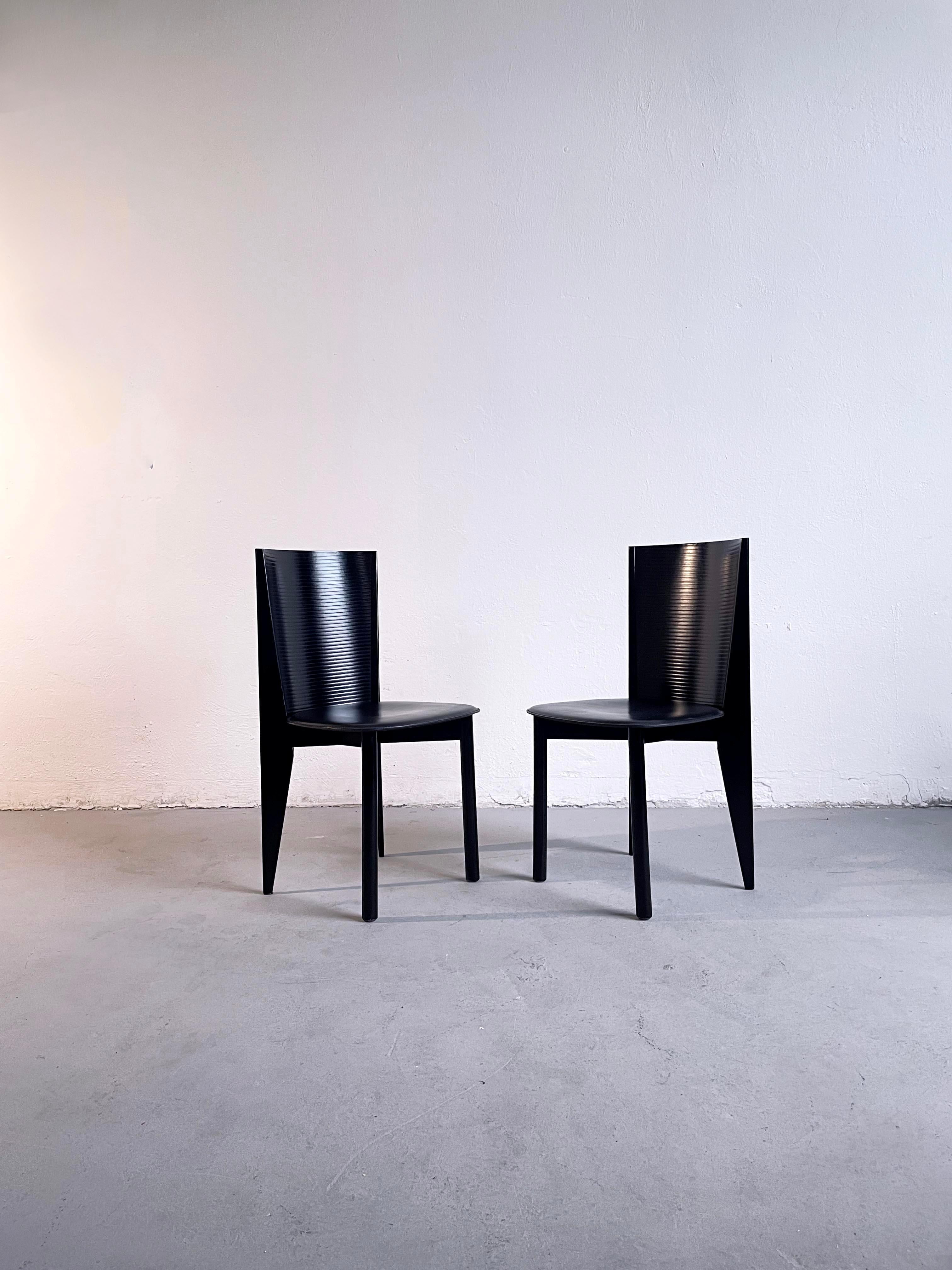 Pair of Italian Postmodern Black Wood and Leather Chairs by Calligaris, 1980s 8