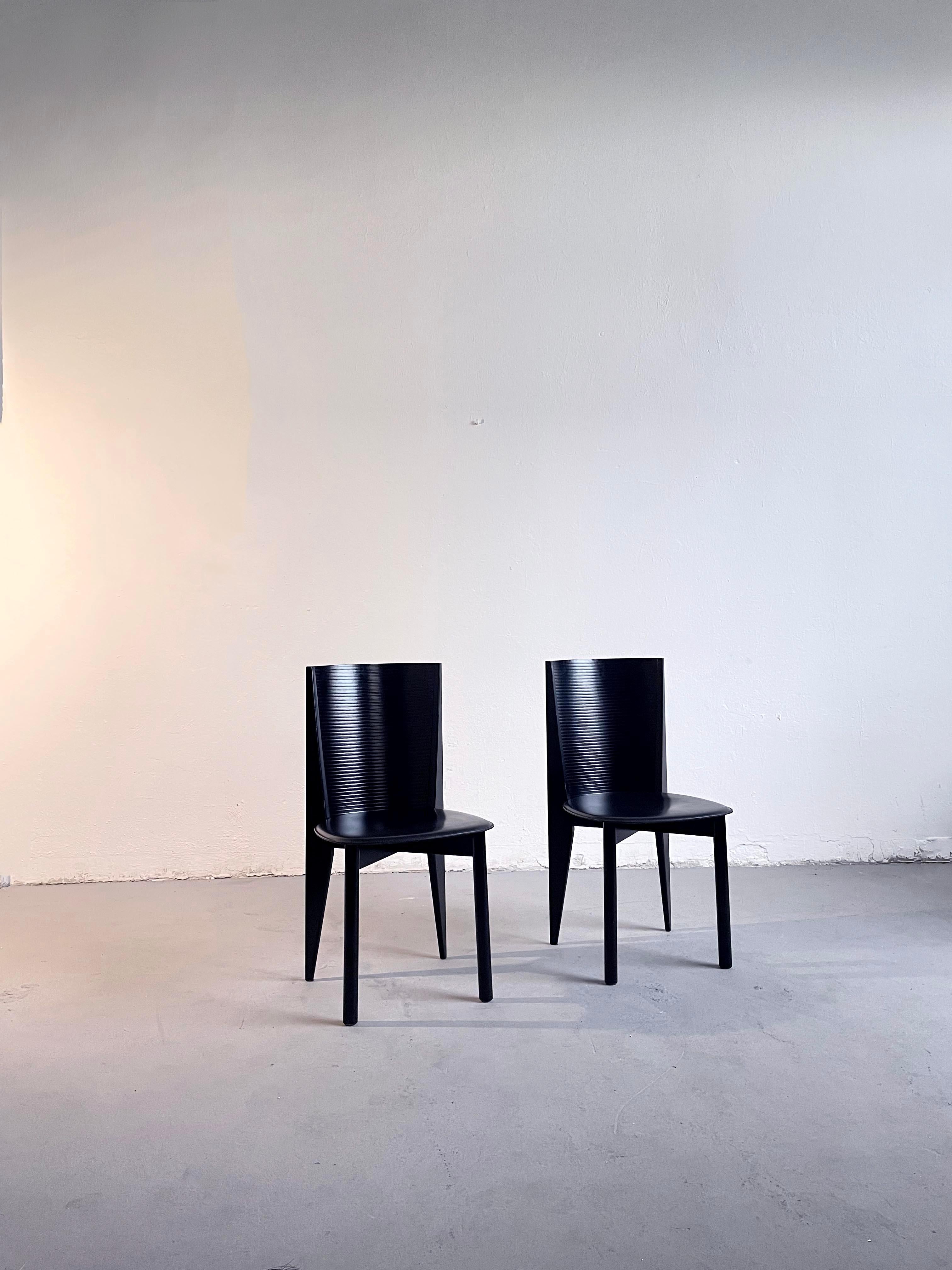 Pair of Italian Postmodern Black Wood and Leather Chairs by Calligaris, 1980s 9