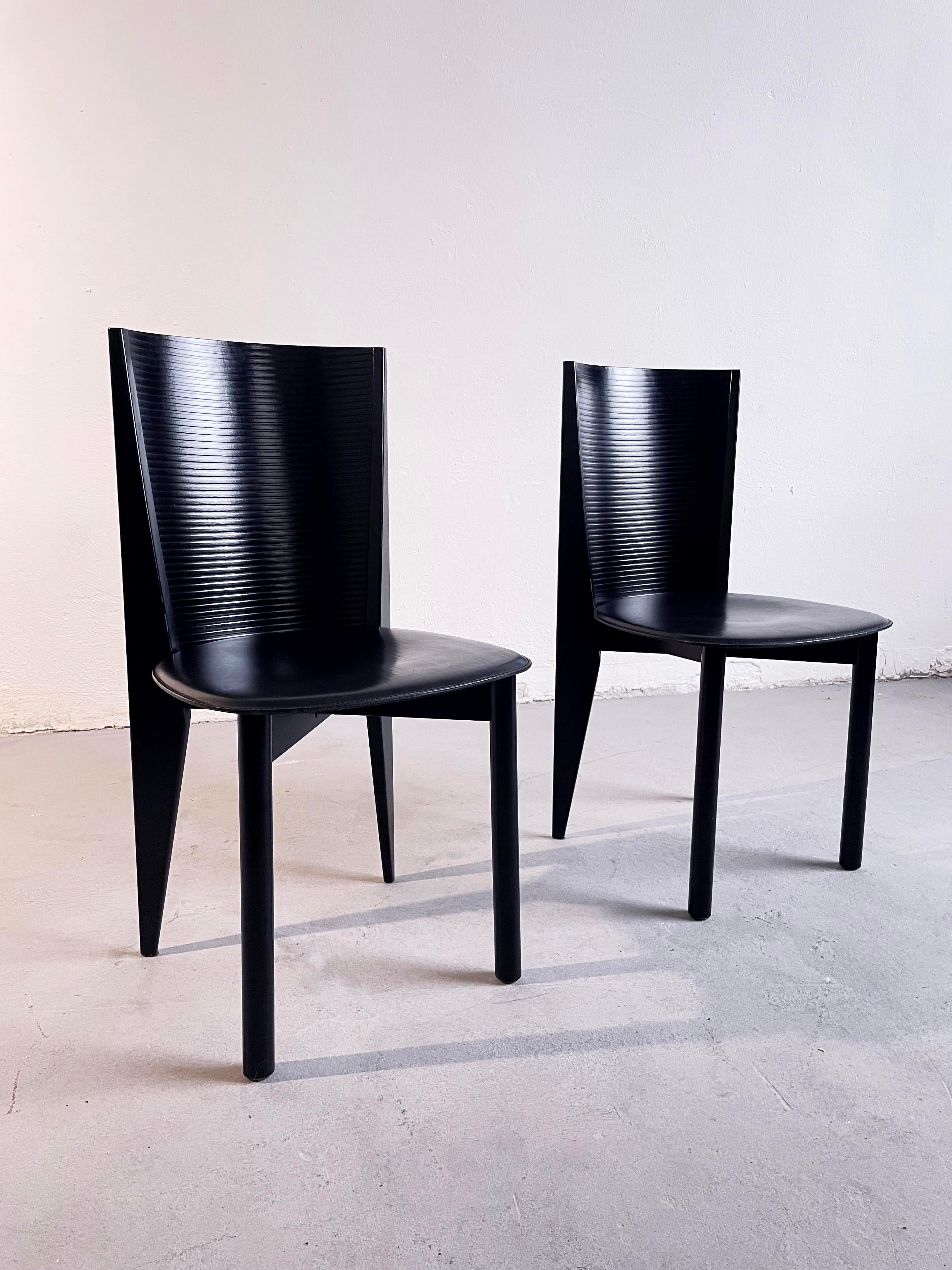 Pair of Italian Postmodern Black Wood and Leather Chairs by Calligaris, 1980s 10