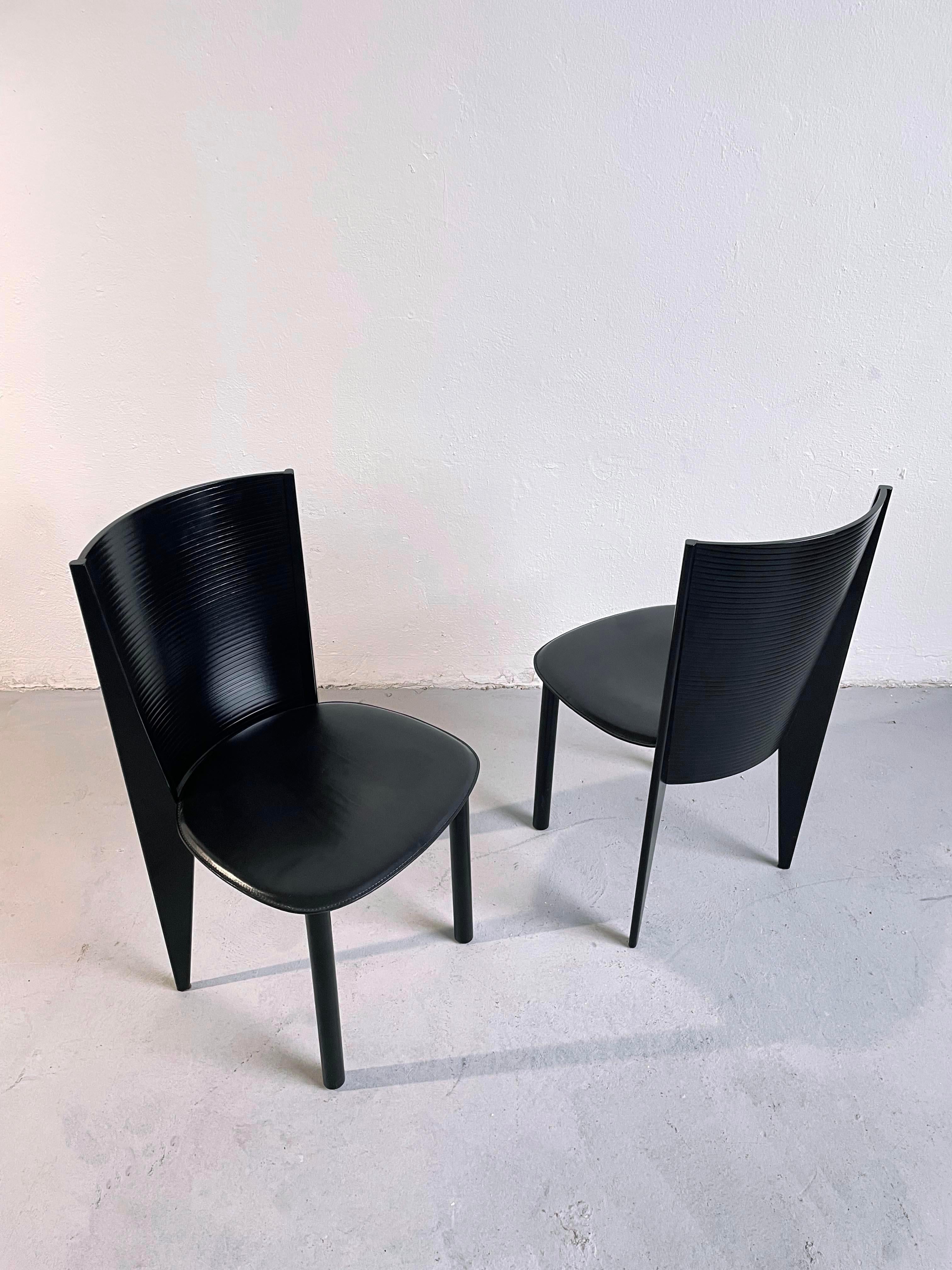 Pair of Italian Postmodern Black Wood and Leather Chairs by Calligaris, 1980s 1