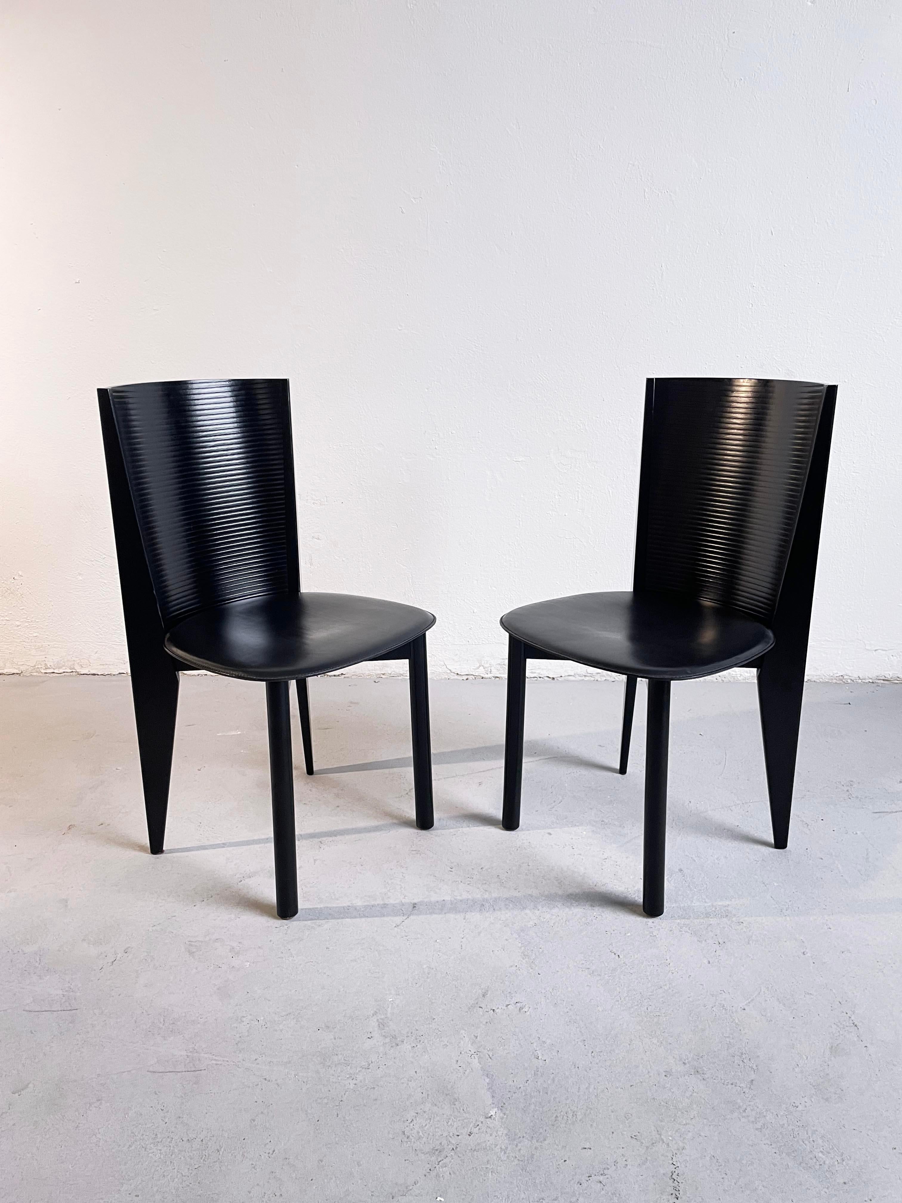 Pair of Italian Postmodern Black Wood and Leather Chairs by Calligaris, 1980s 3