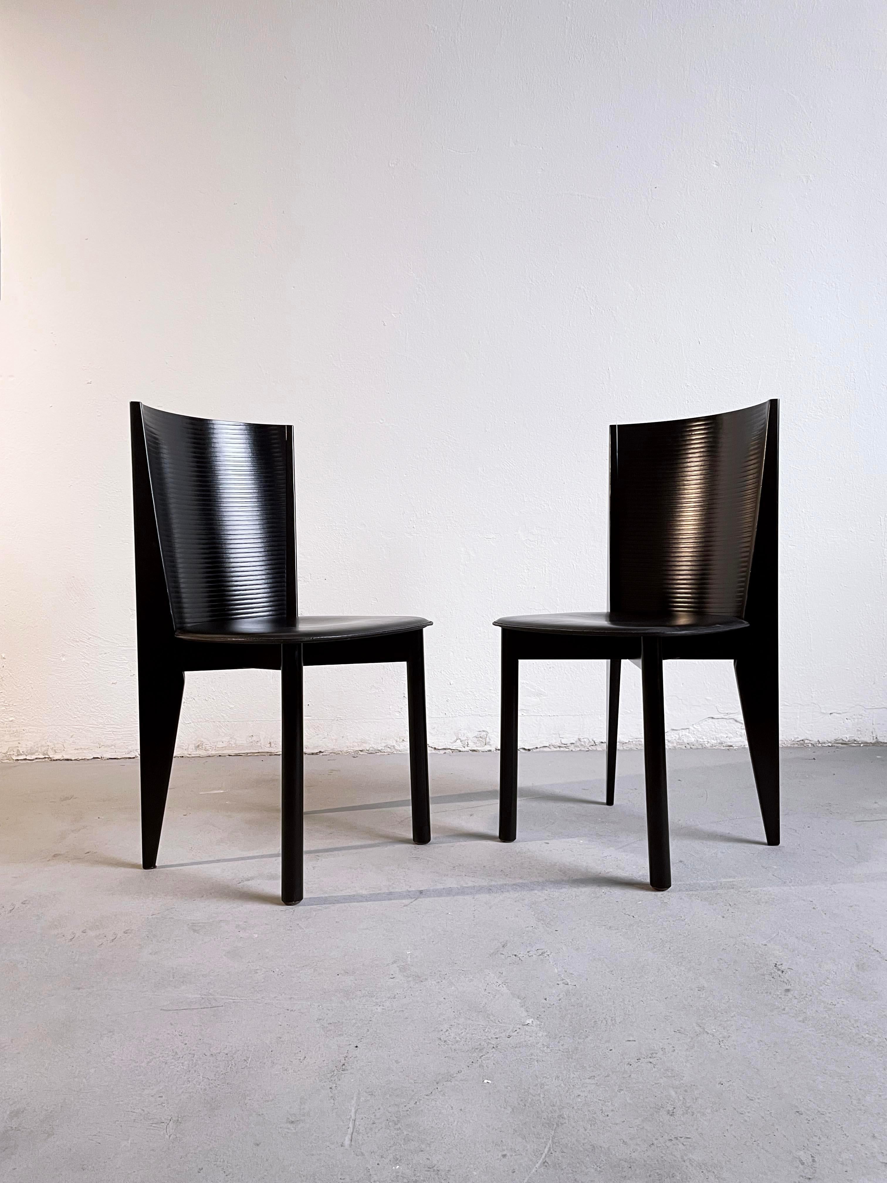 Pair of Italian Postmodern Black Wood and Leather Chairs by Calligaris, 1980s 4