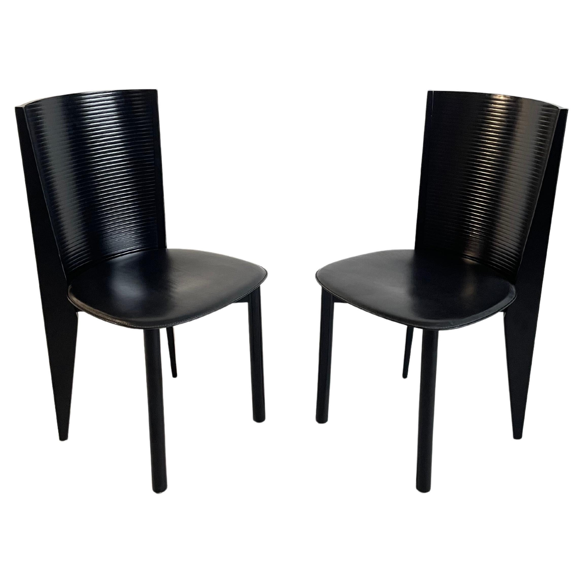 Pair of Italian Postmodern Black Wood and Leather Chairs by Calligaris, 1980s