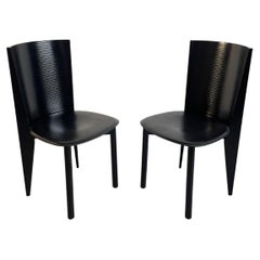 Retro Pair of Italian Postmodern Black Wood and Leather Chairs by Calligaris, 1980s