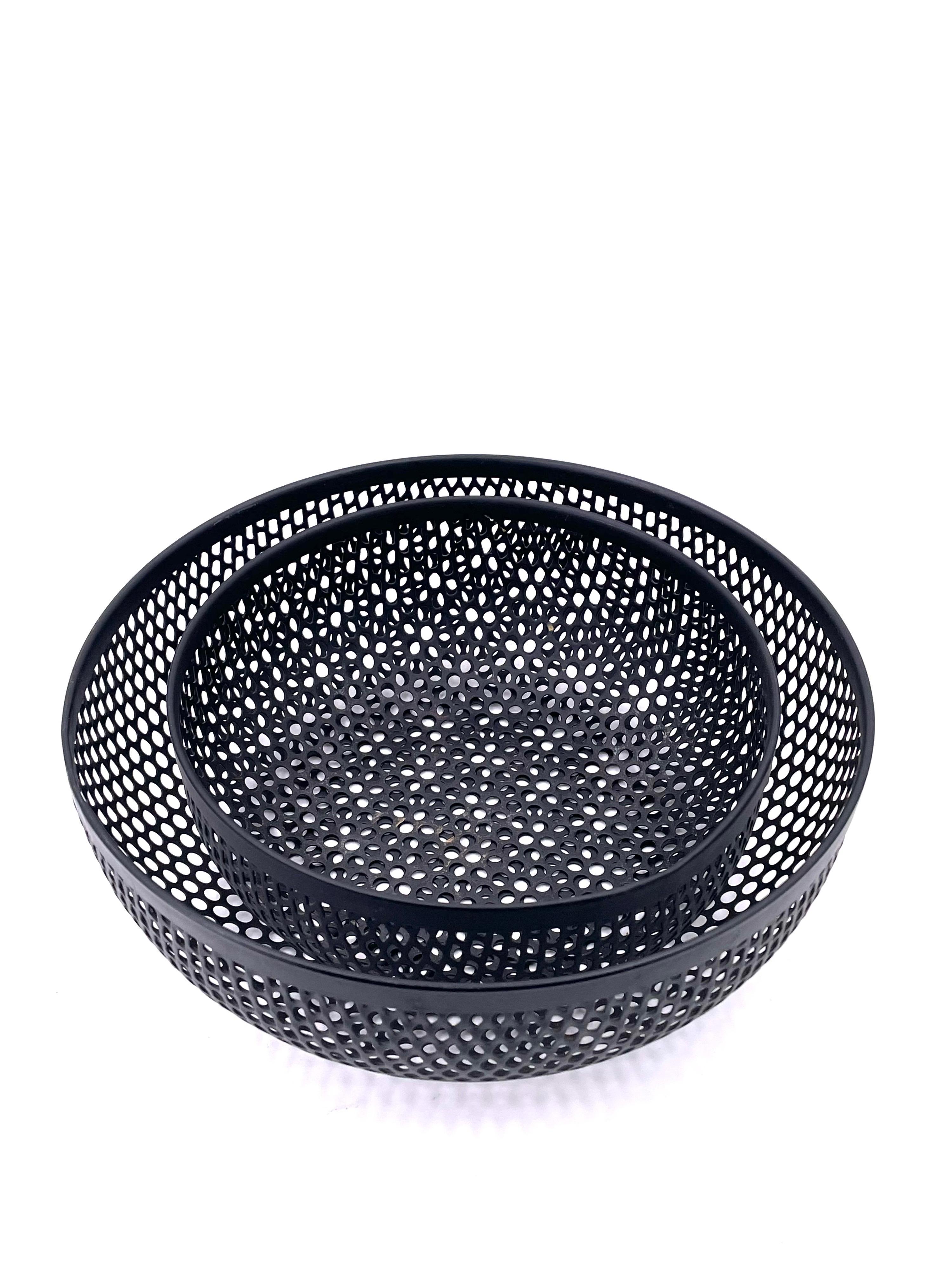 Cool 1980's Italian perforated enameled black metal bowls in 2 sizes, many use the small one its 8