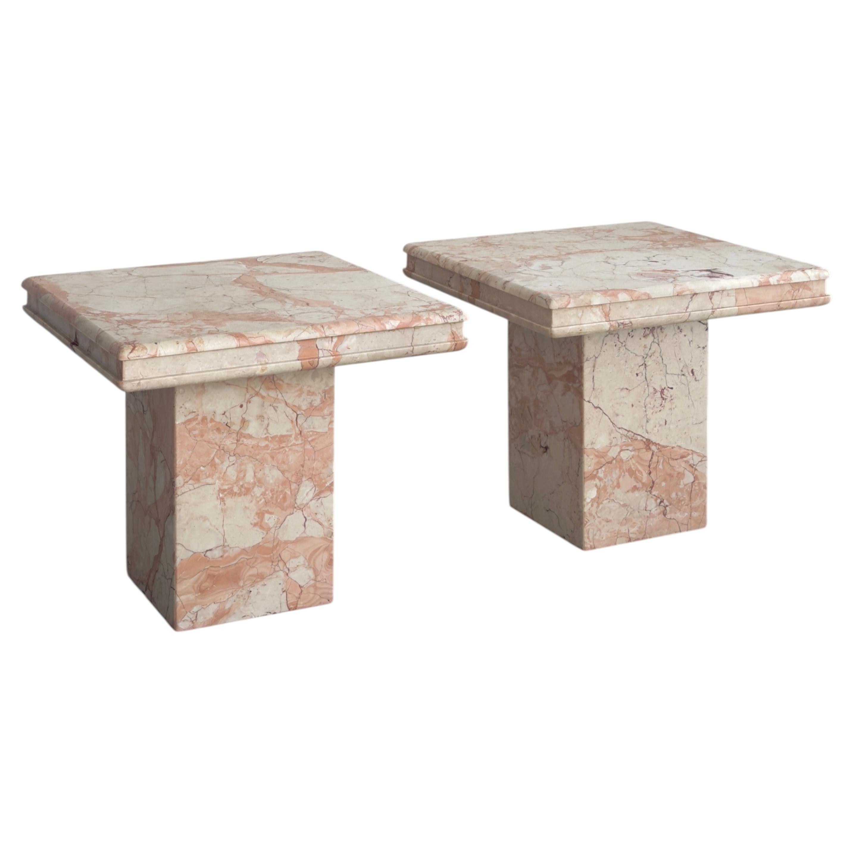 Pair of Italian Postmodern Neo-Classical side tables, in pink breccia marble.