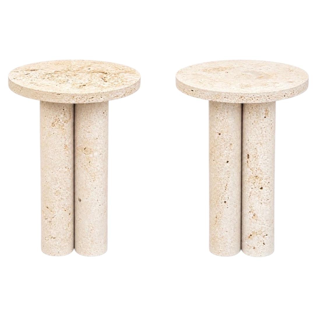 Pair of Italian Postmodern Travertine Three Column Side Tables c 1970s For Sale