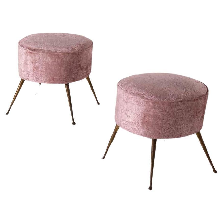 Pair of Italian pouf or stools vintage in velvet pink and brass For Sale