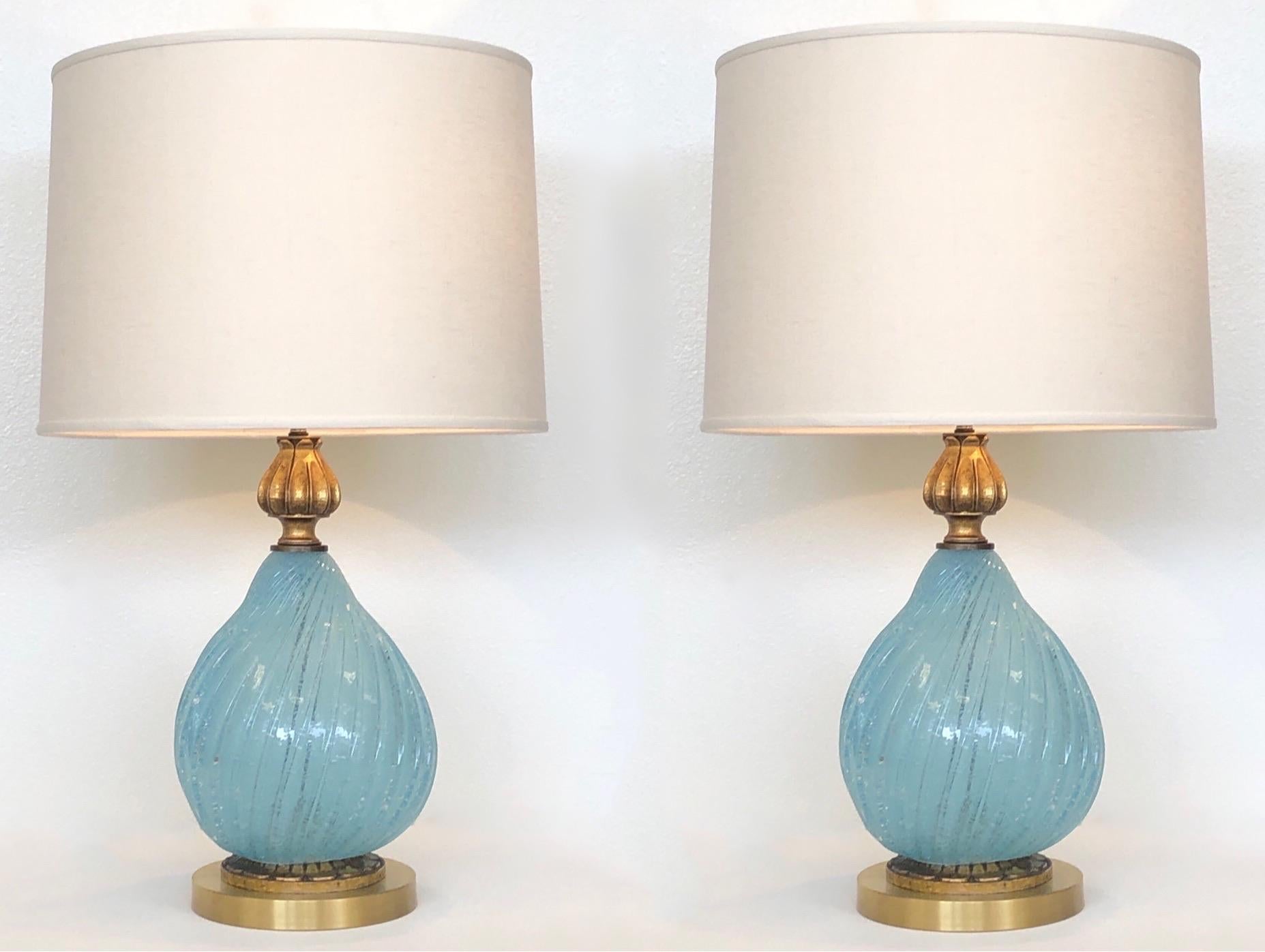 Pair of Italian Powder Blue Murano Glass and Brass Table Lamps  5