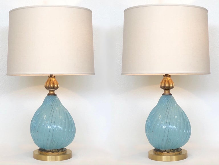 Pair of Italian Powder Blue Murano Glass and Brass Table Lamps  For Sale 5