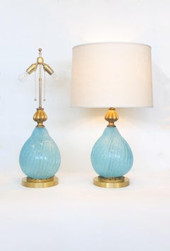 Pair of Italian Powder Blue Murano Glass and Brass Table Lamps