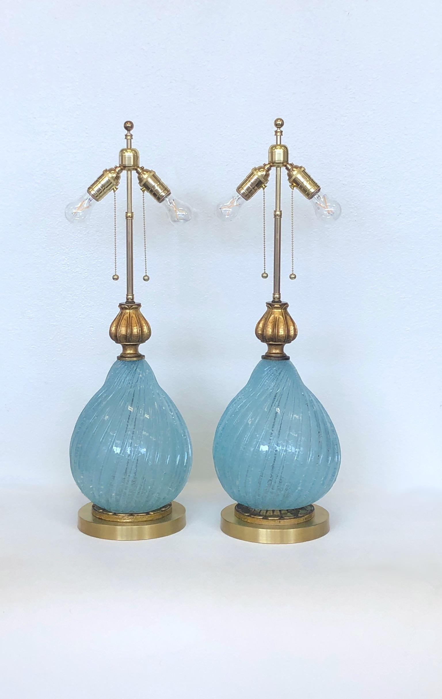 Mid-Century Modern Pair of Italian Powder Blue Murano Glass and Brass Table Lamps 