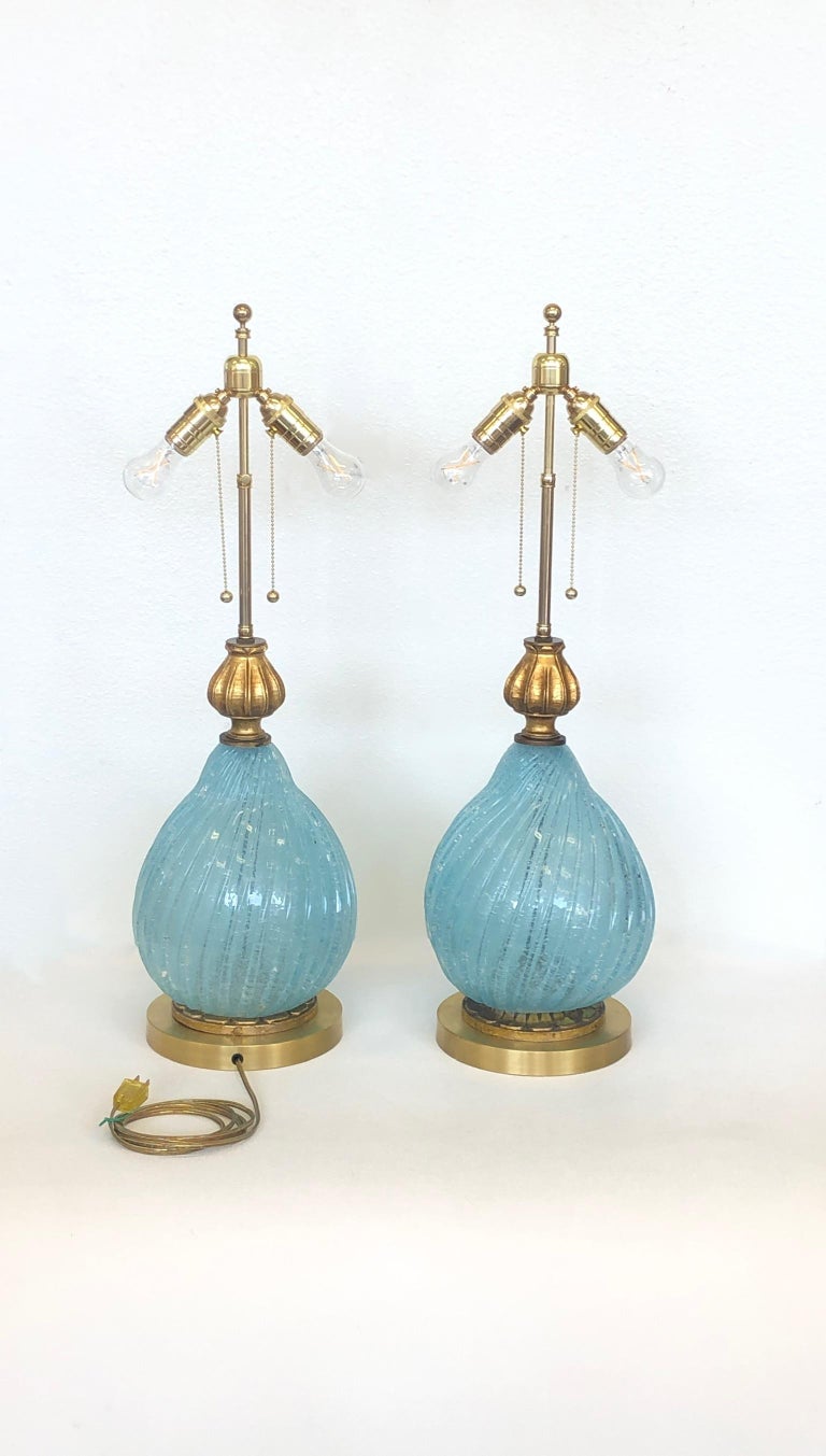 Pair of Italian Powder Blue Murano Glass and Brass Table Lamps  In Good Condition For Sale In Palm Springs, CA