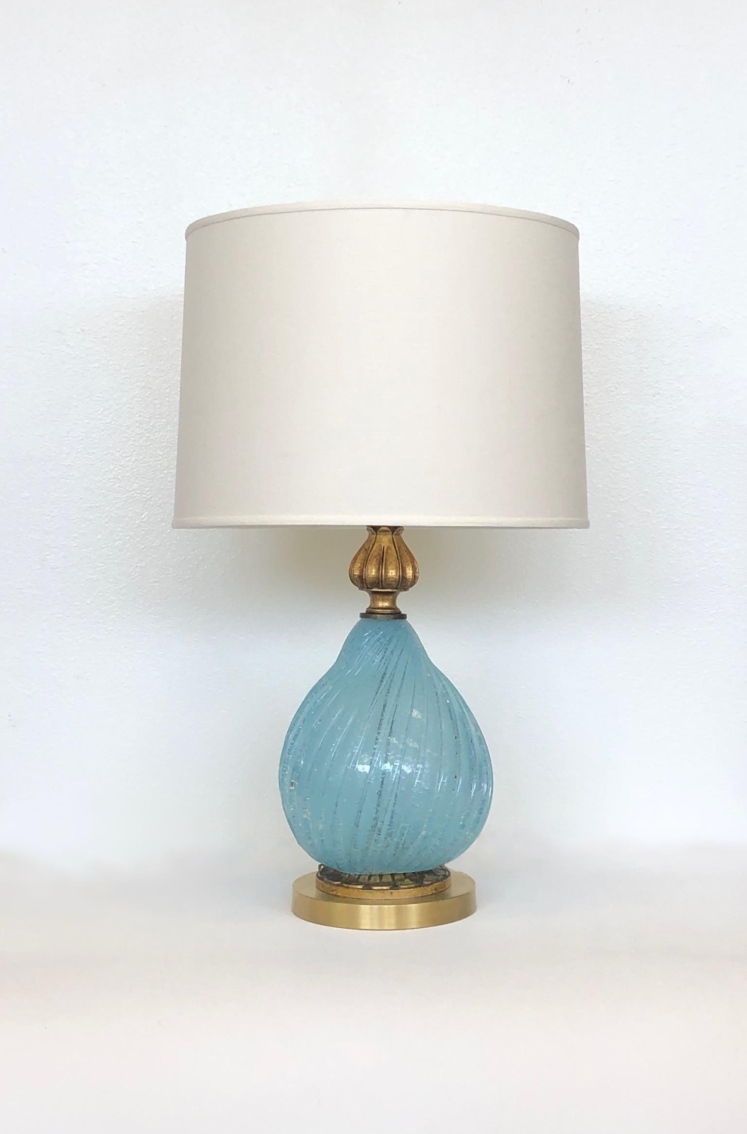 Mid-20th Century Pair of Italian Powder Blue Murano Glass and Brass Table Lamps 