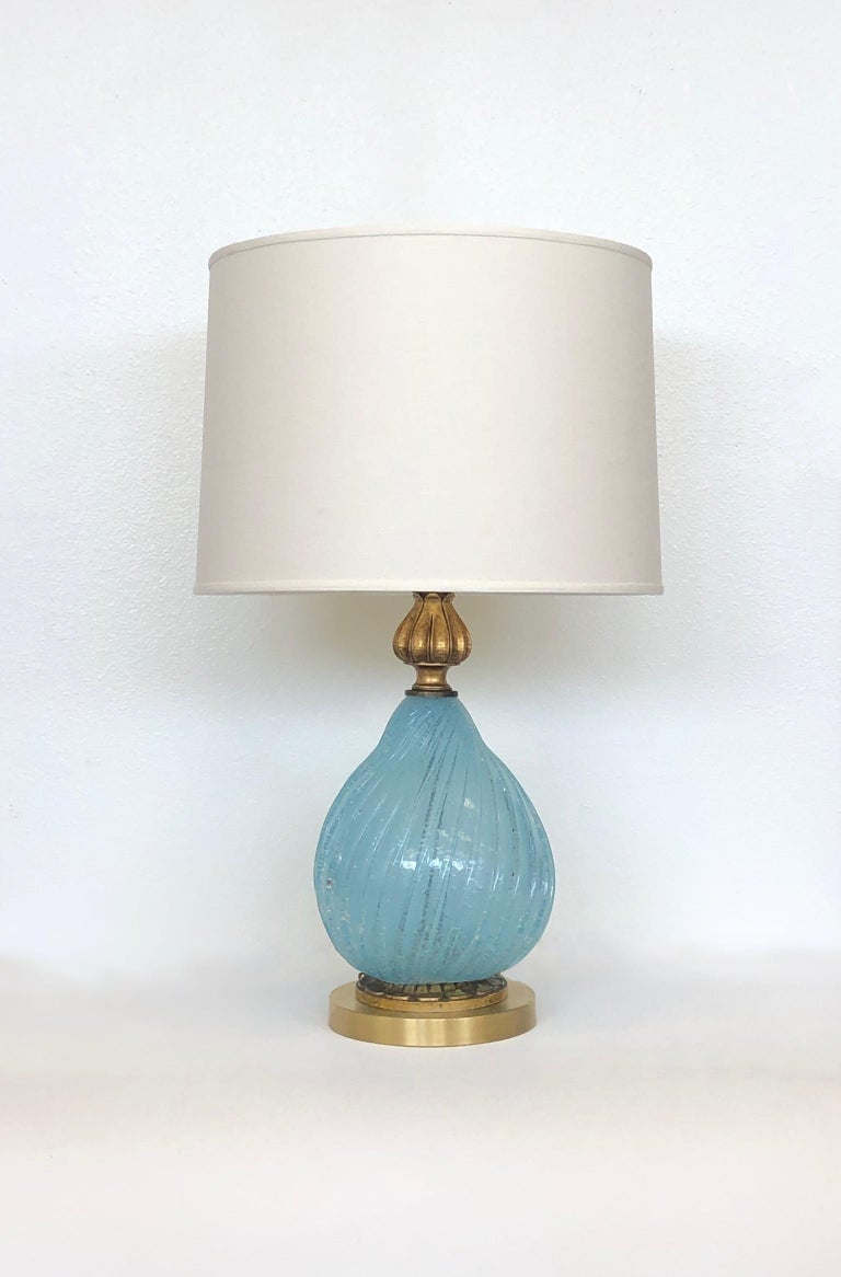 Mid-20th Century Pair of Italian Powder Blue Murano Glass and Brass Table Lamps  For Sale