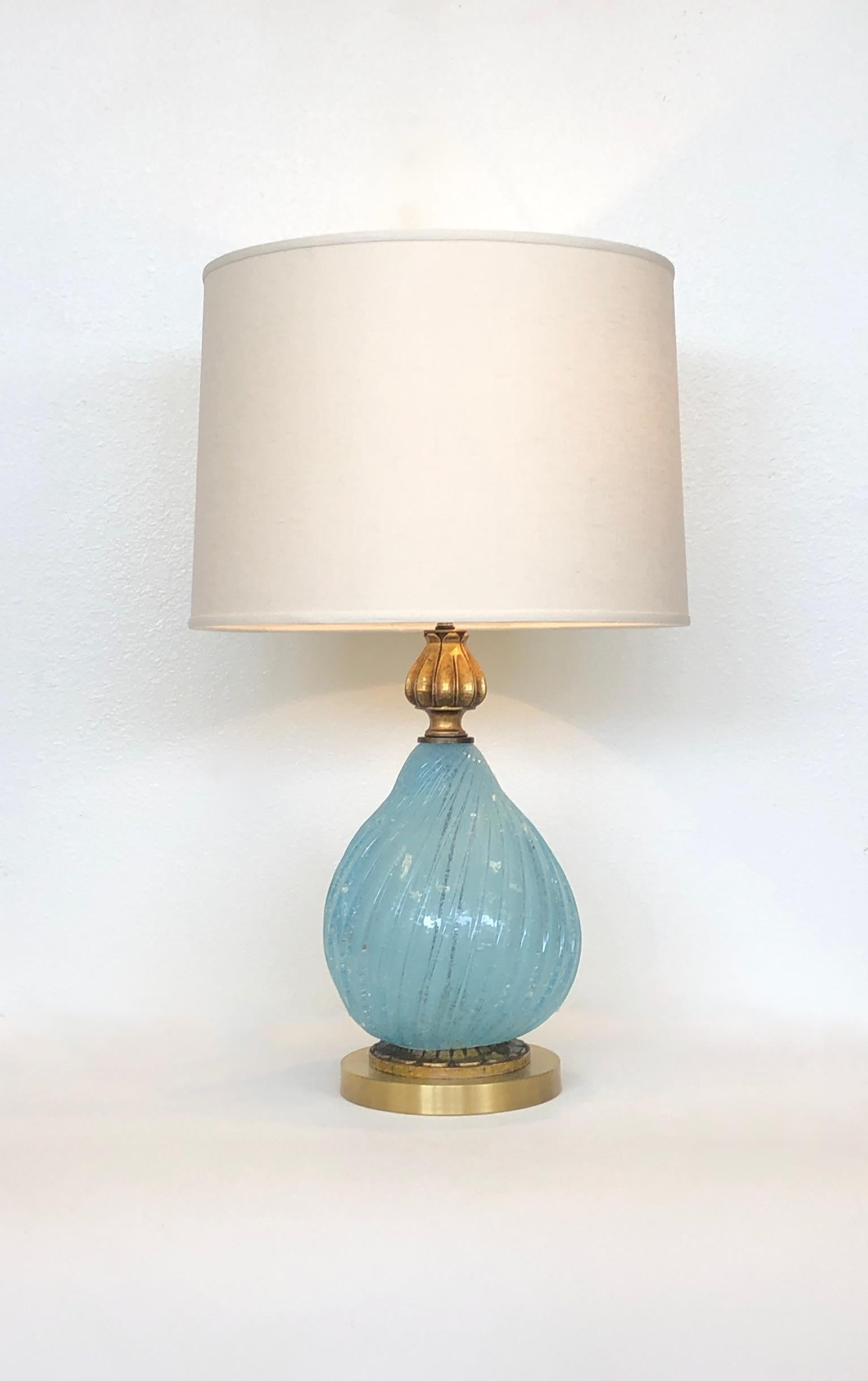 Pair of Italian Powder Blue Murano Glass and Brass Table Lamps  1