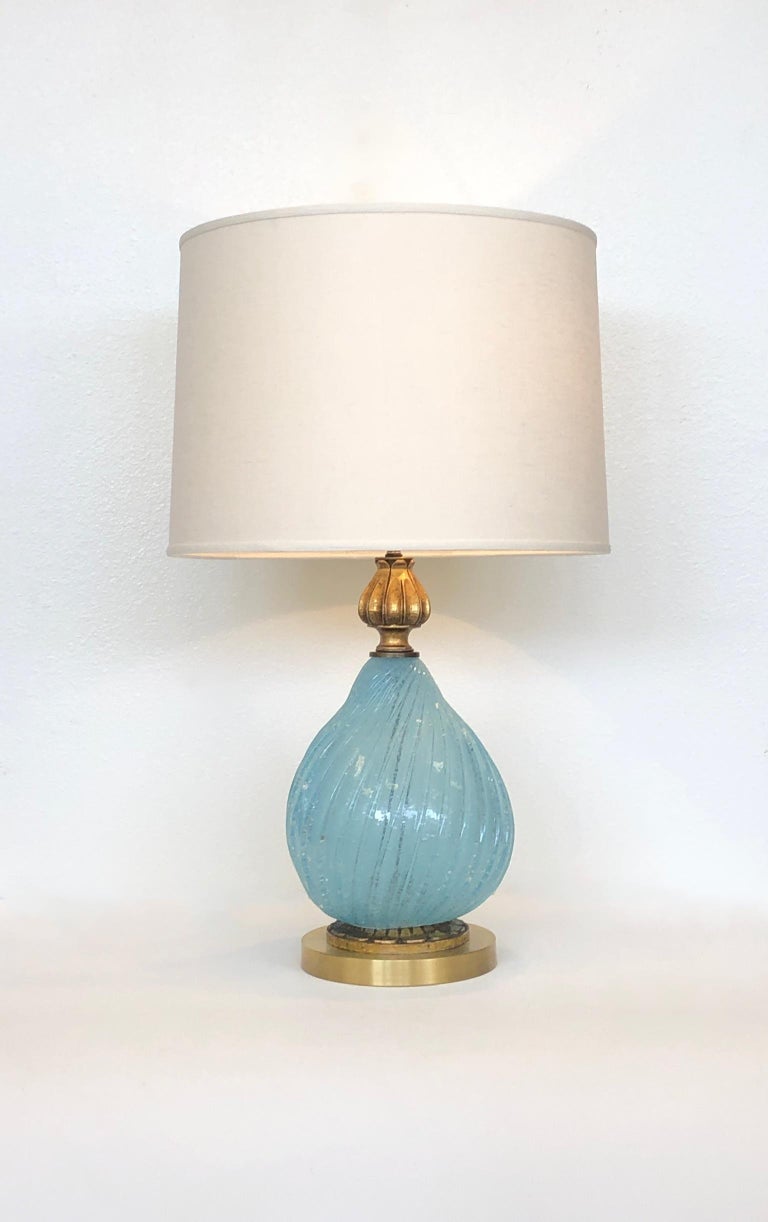 Pair of Italian Powder Blue Murano Glass and Brass Table Lamps  For Sale 1