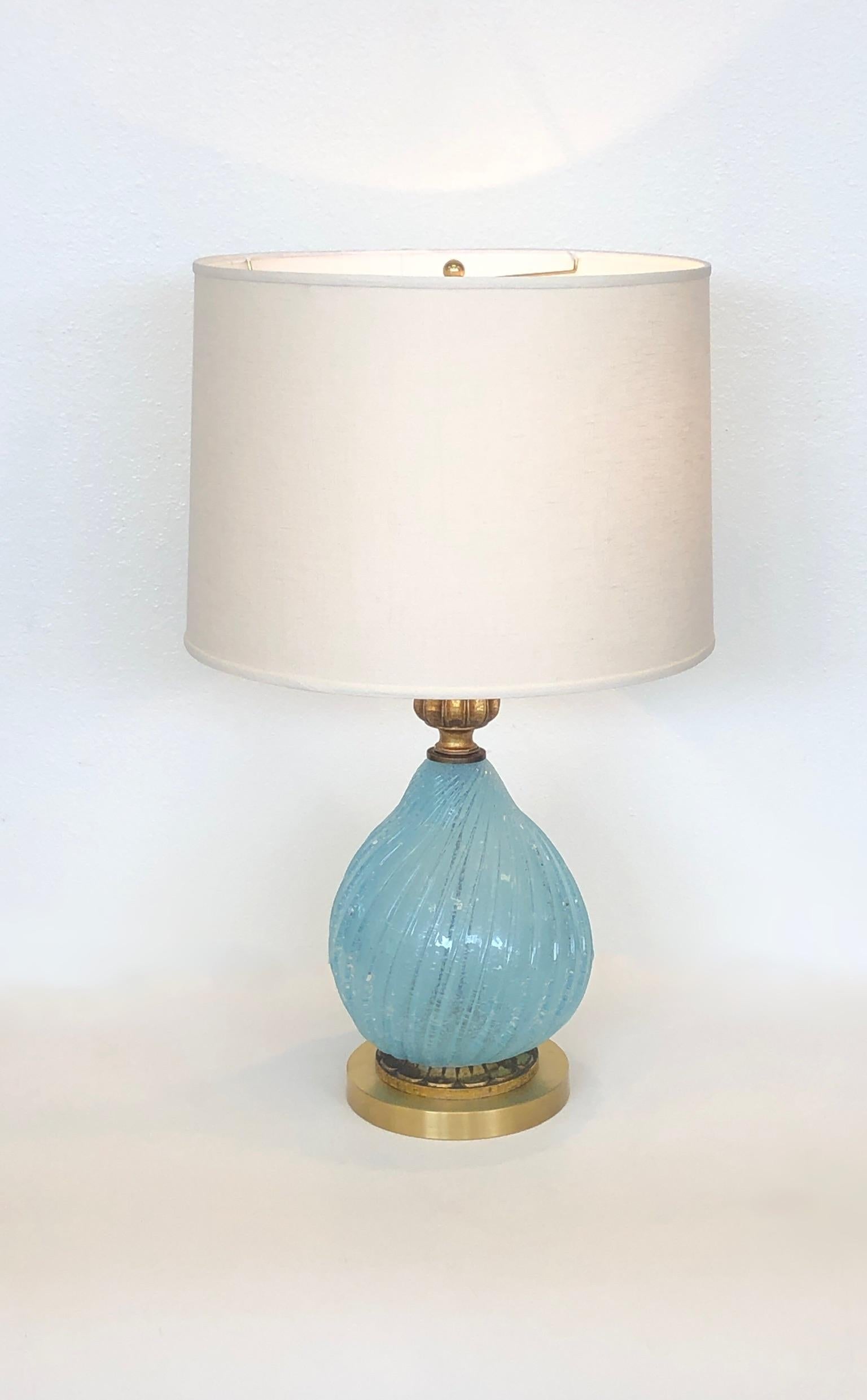 Pair of Italian Powder Blue Murano Glass and Brass Table Lamps  2