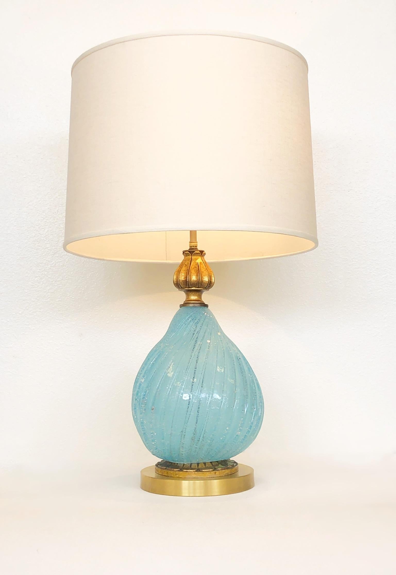 Pair of Italian Powder Blue Murano Glass and Brass Table Lamps  3
