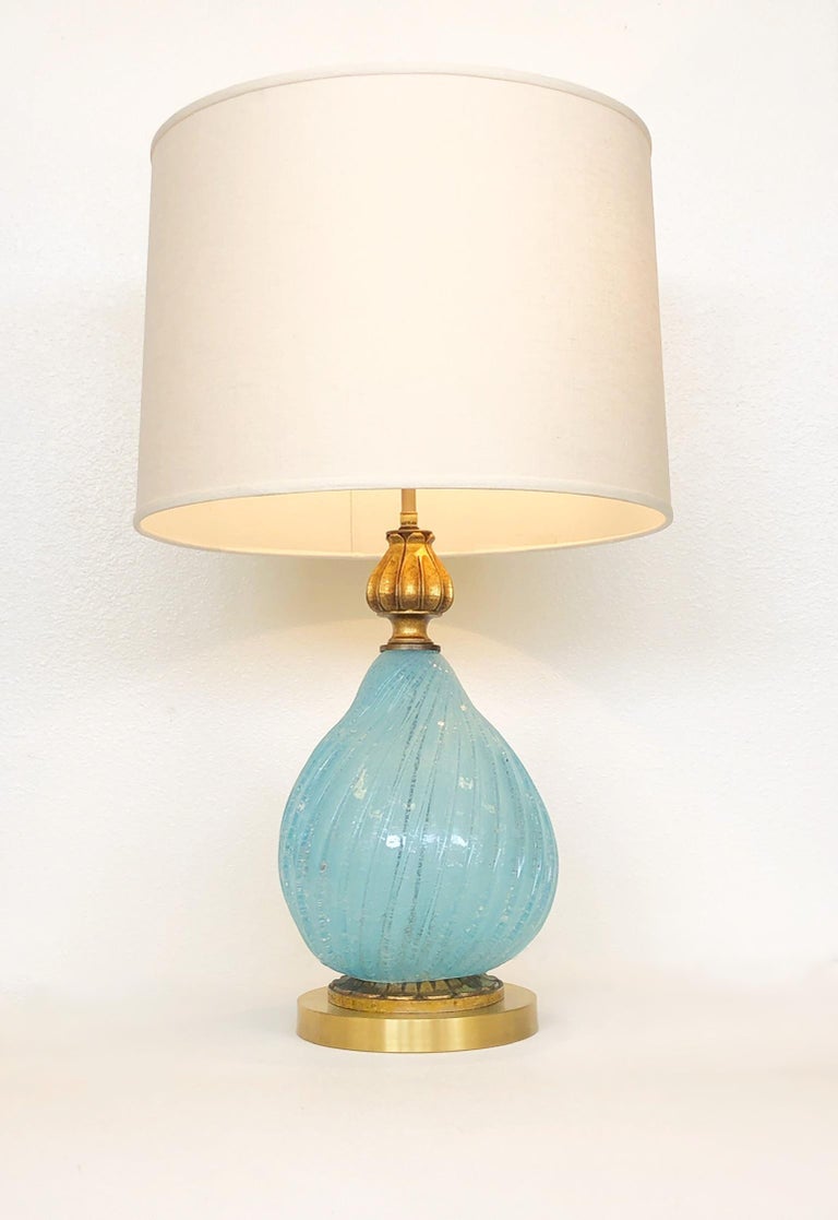 Pair of Italian Powder Blue Murano Glass and Brass Table Lamps  For Sale 3